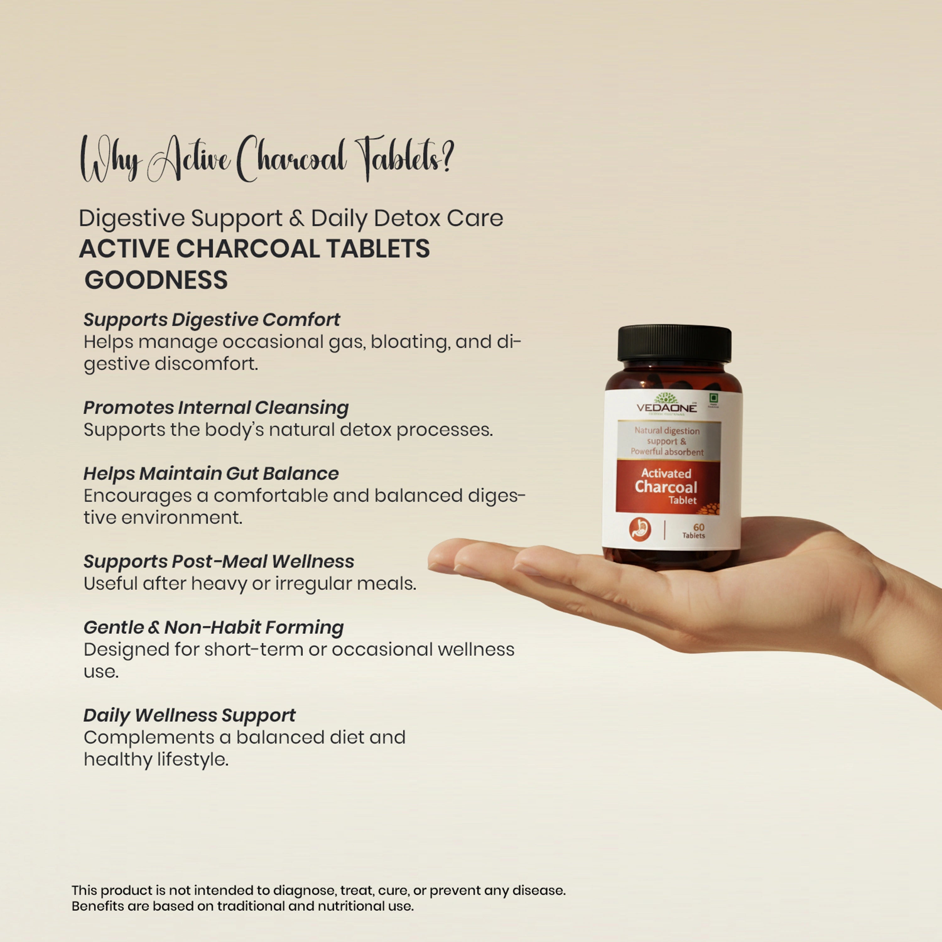 Vedaone Actived Charcoal Tablets 60 Tablets | Digestive Support & Daily Detox Care