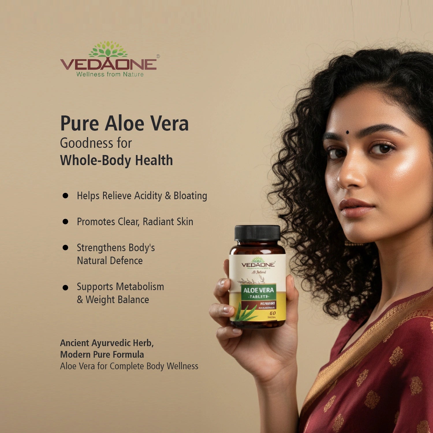 Vedaone Aloe Vera 750mg Tablets – Daily Detox, Digestion & Immunity Support | 60 Tablets