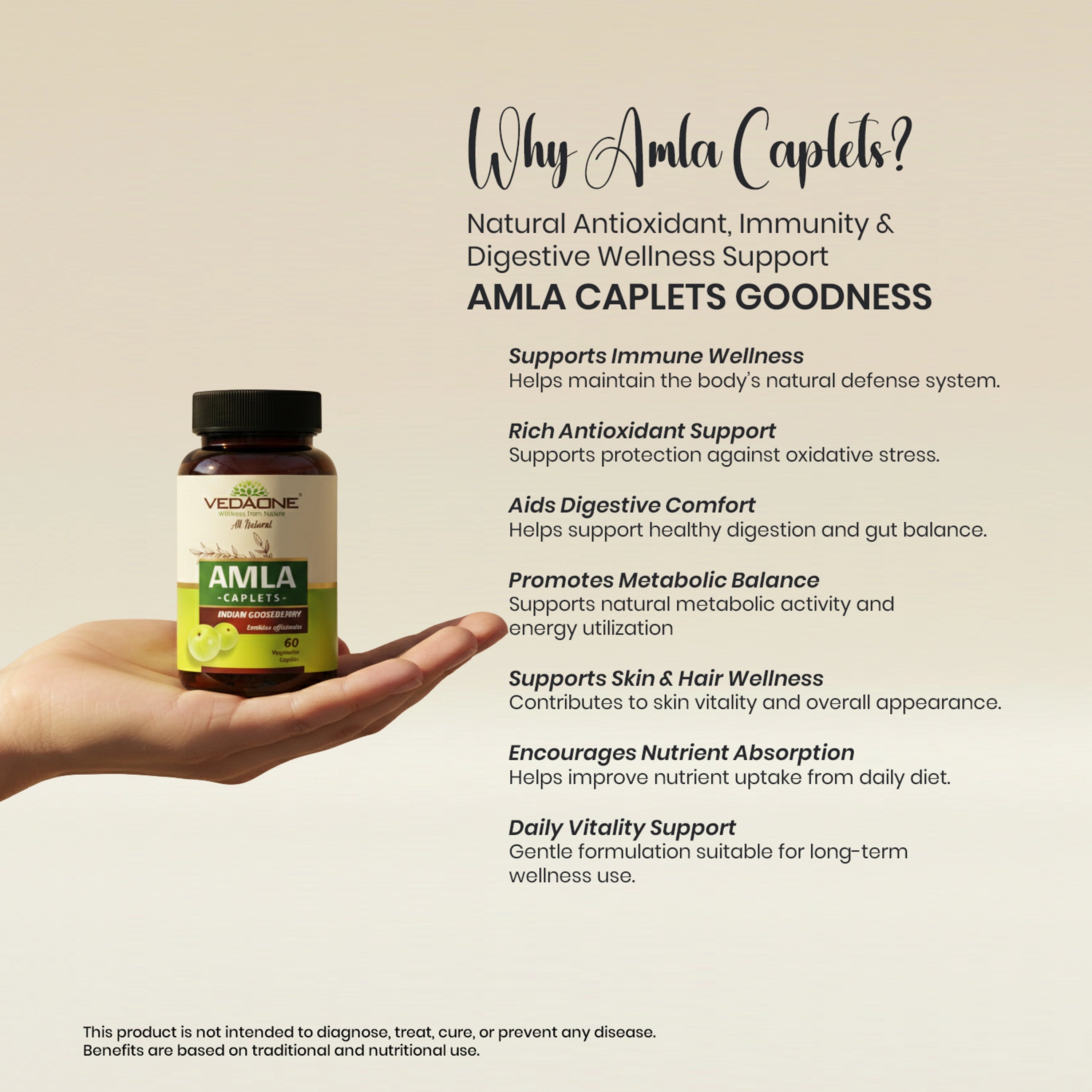 Vedaone Amla 60 Caplets | Natural Antioxidant, Immunity & Digestive Wellness Support