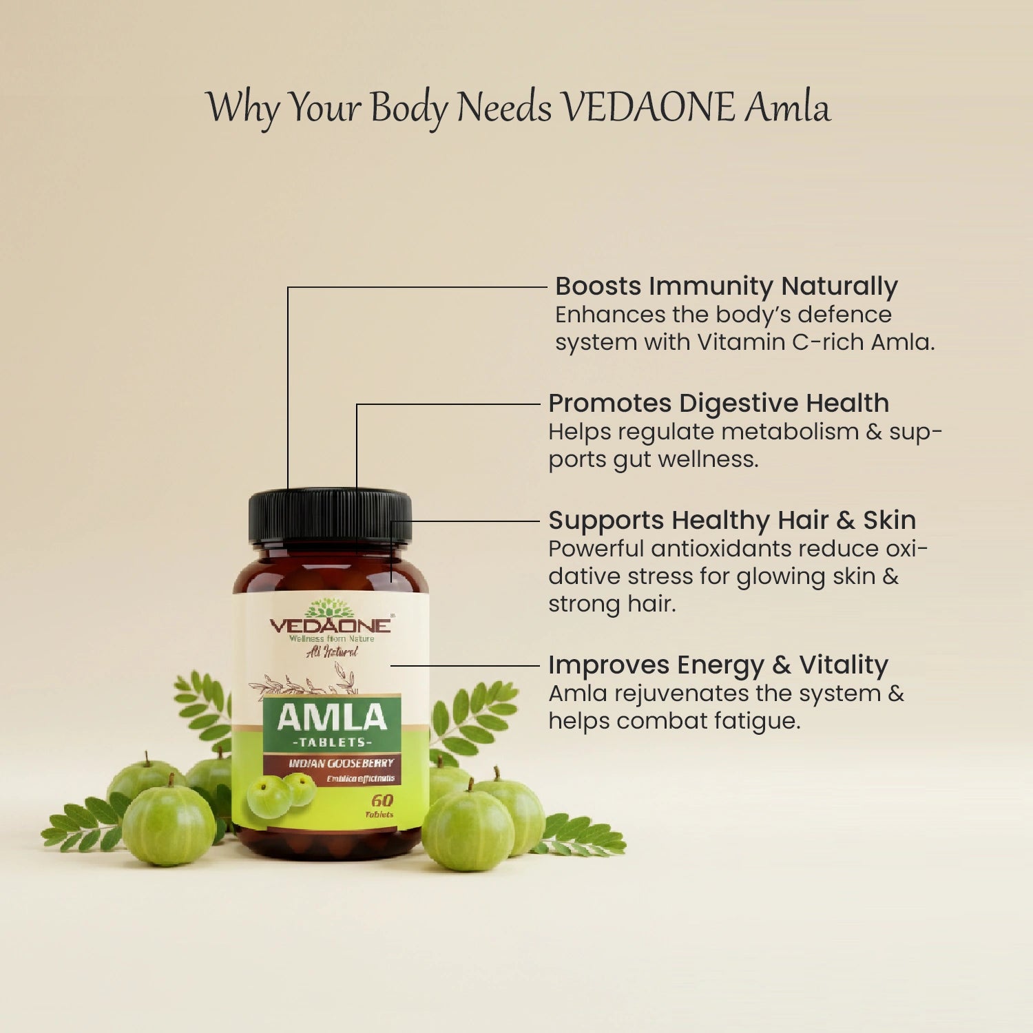 Vedaone Amla 750mg Tablets – Natural Vitamin C Booster | 60 Tablets for Immunity & Hair Health