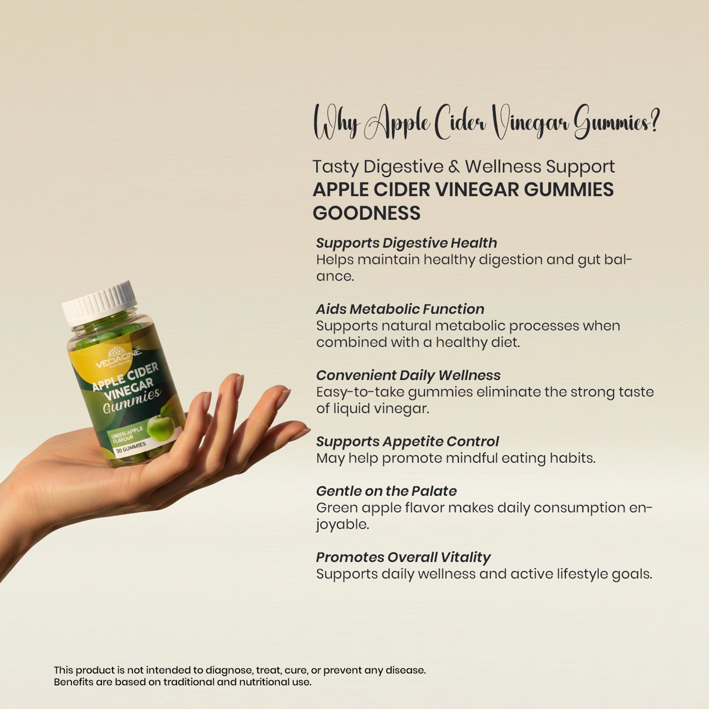 Vedaone Apple Cider Vinegar Gummies 30 Gummies | With Green Apple Flavor for Digestive & Metabolic Support