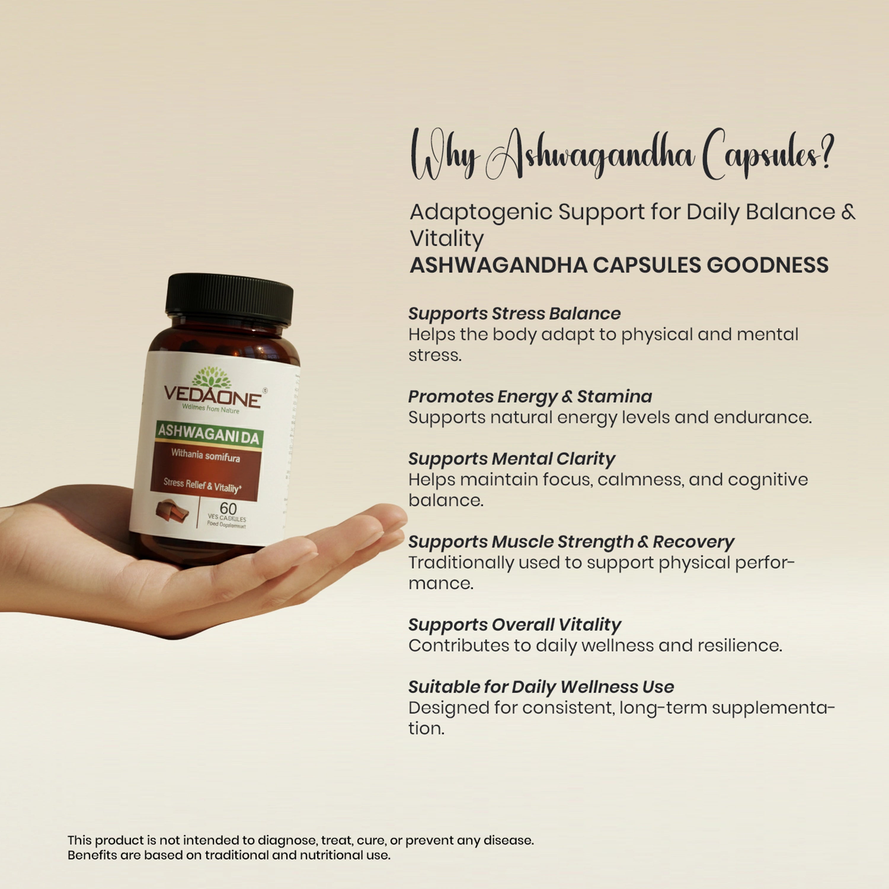Vedaone Ashwagandha Capsules 60 Capsules | Withania somnifera for Stress Balance, Energy & Vitality