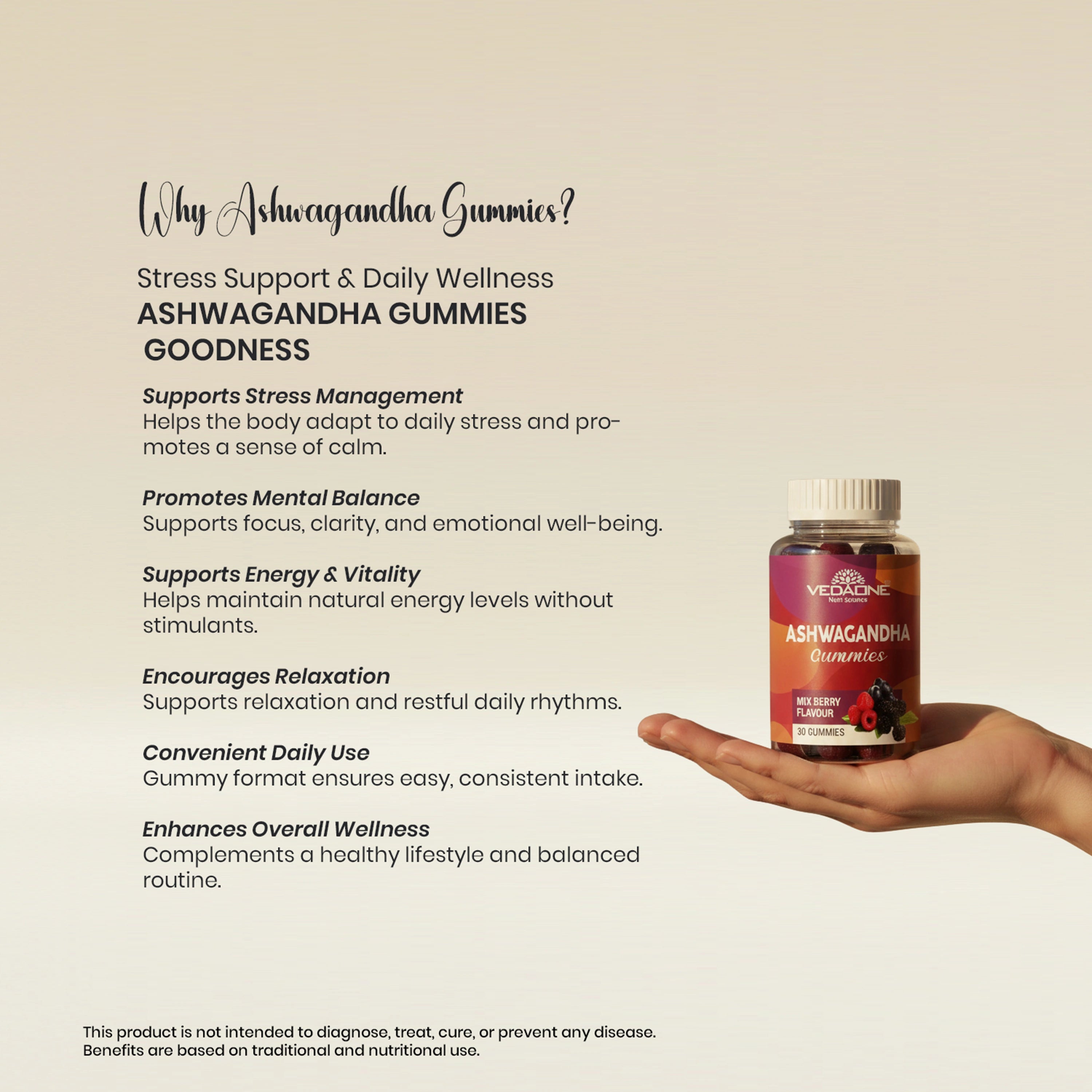 Vedaone Ashwagandha Gummies 30 Gummies | Mixed Berry Flavor for Stress Support & Daily Wellness