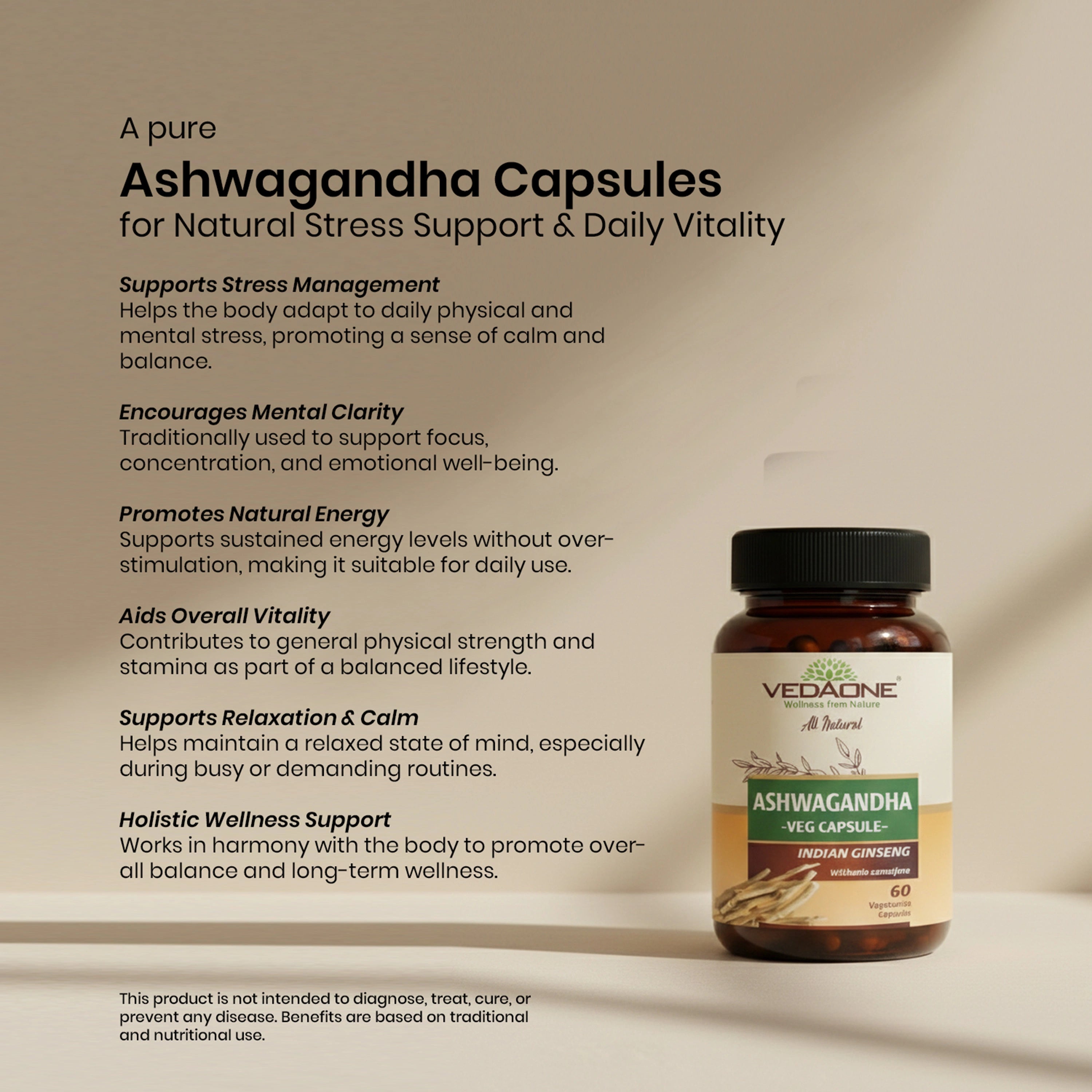 Vedaone Ashwagandha Capsules – 60 Capsules | Natural Stress Support & Daily Vitality