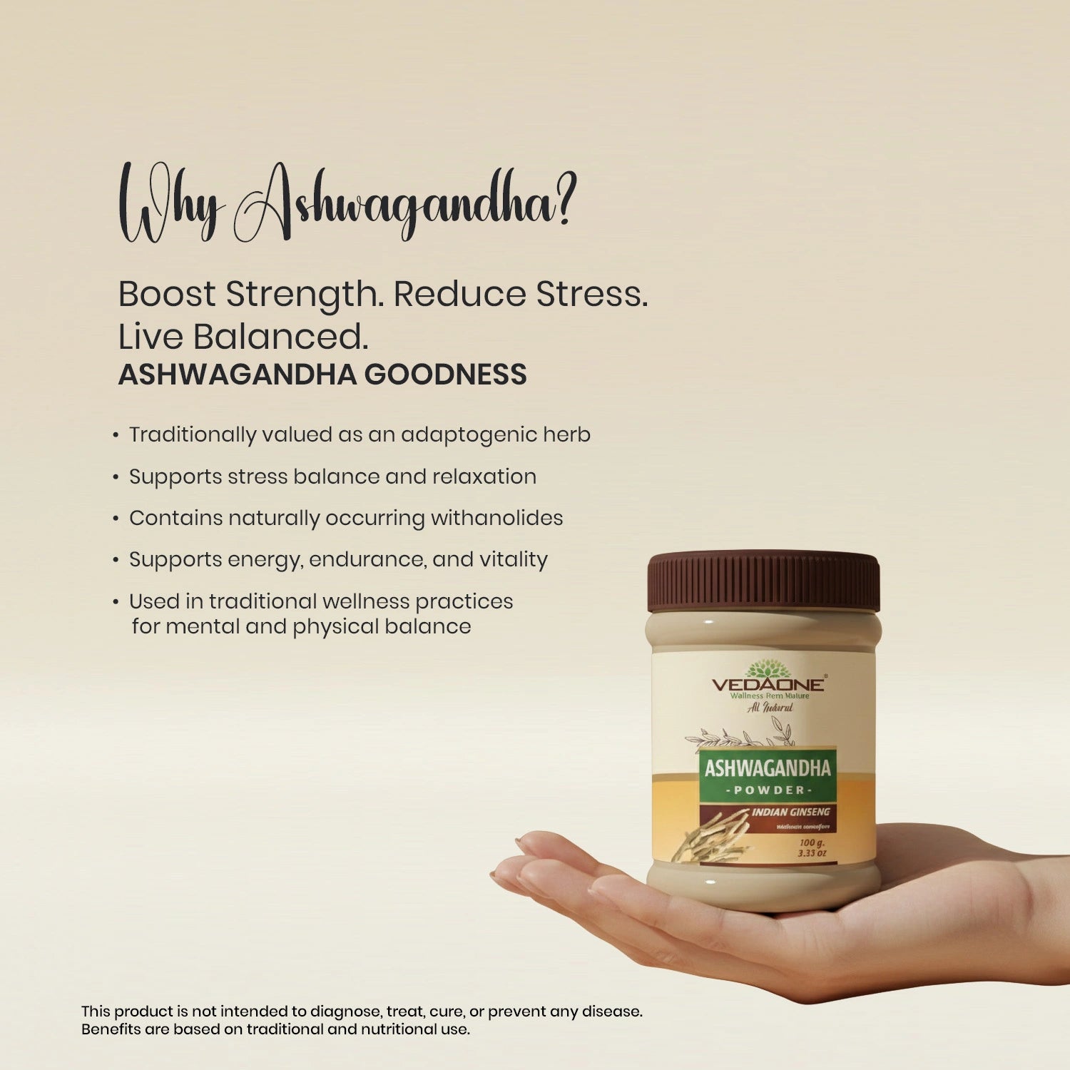 Vedaone Ashwagandha Powder 100 g | Pure Withania somnifera for Stress Balance & Vitality
