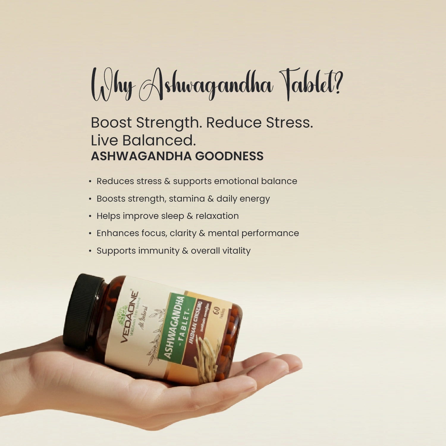 Vedaone Ashwagandha Tablets 750mg – Boost Strength, Reduce Stress & Enhance Immunity | 60 Tablets