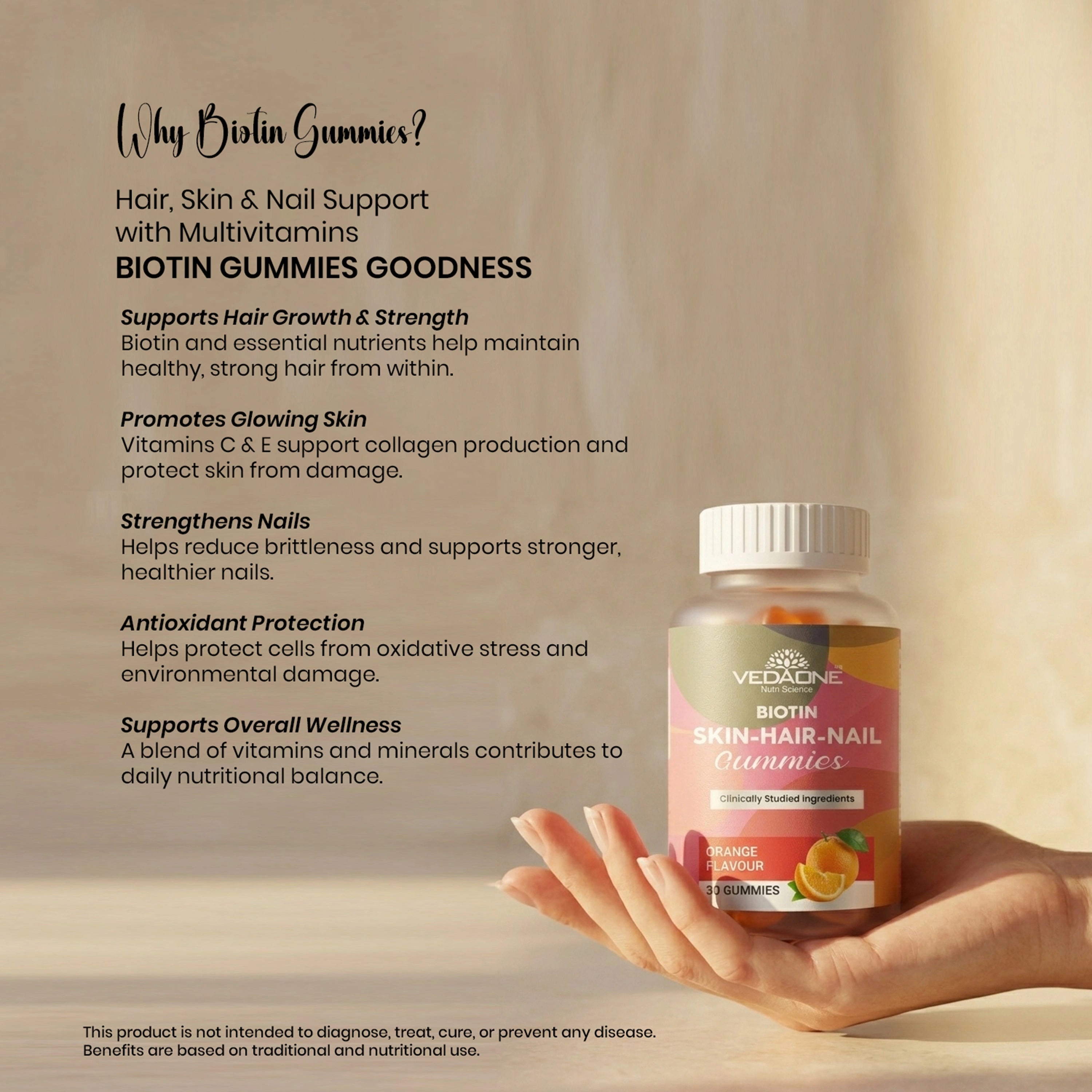 Vedaone Biotin Gummies – 30 Gummies | Hair, Skin & Nail Support with Multivitamins