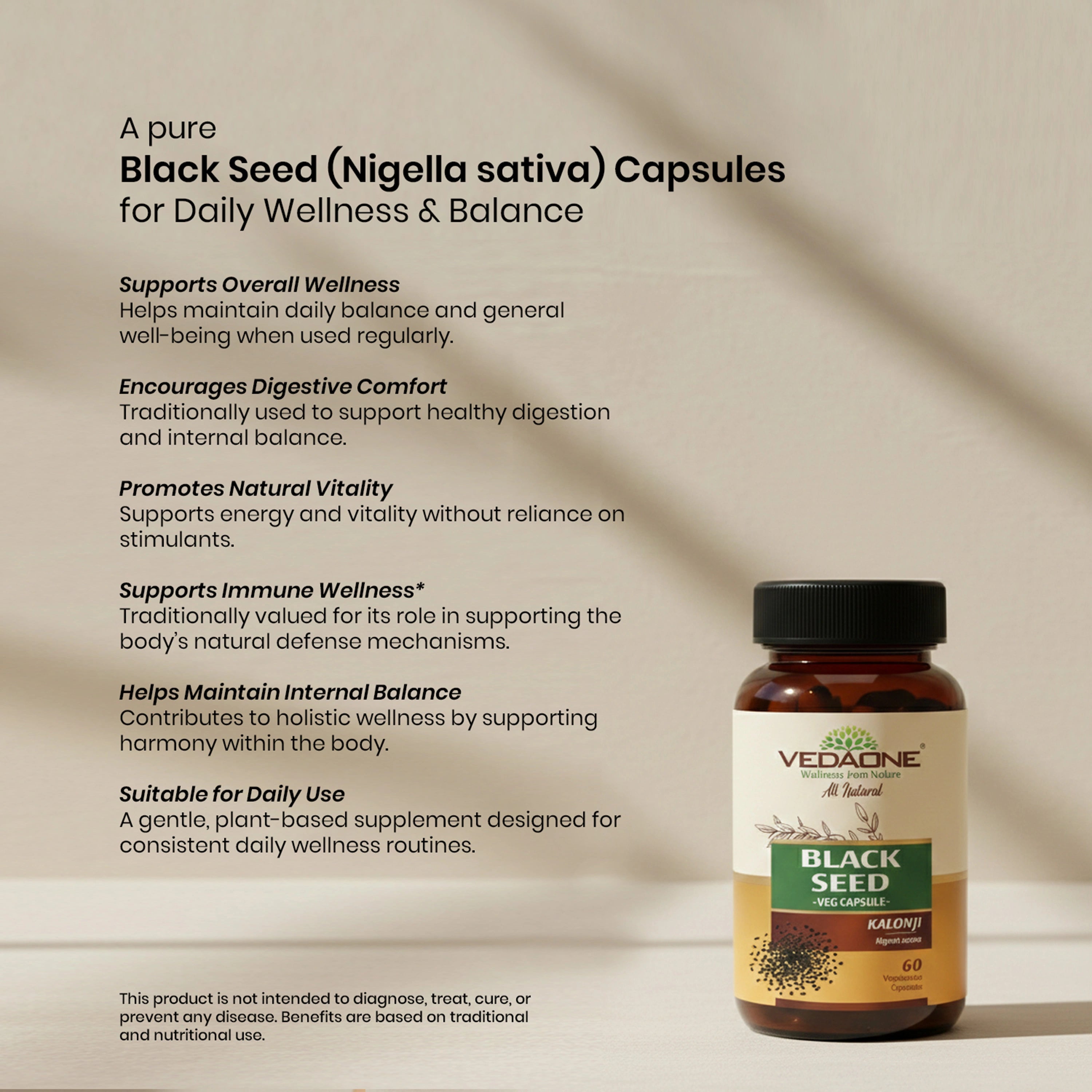 Vedaone Black Seed Capsules - 60 Capsules | Kalonji for Daily Wellness & Balance