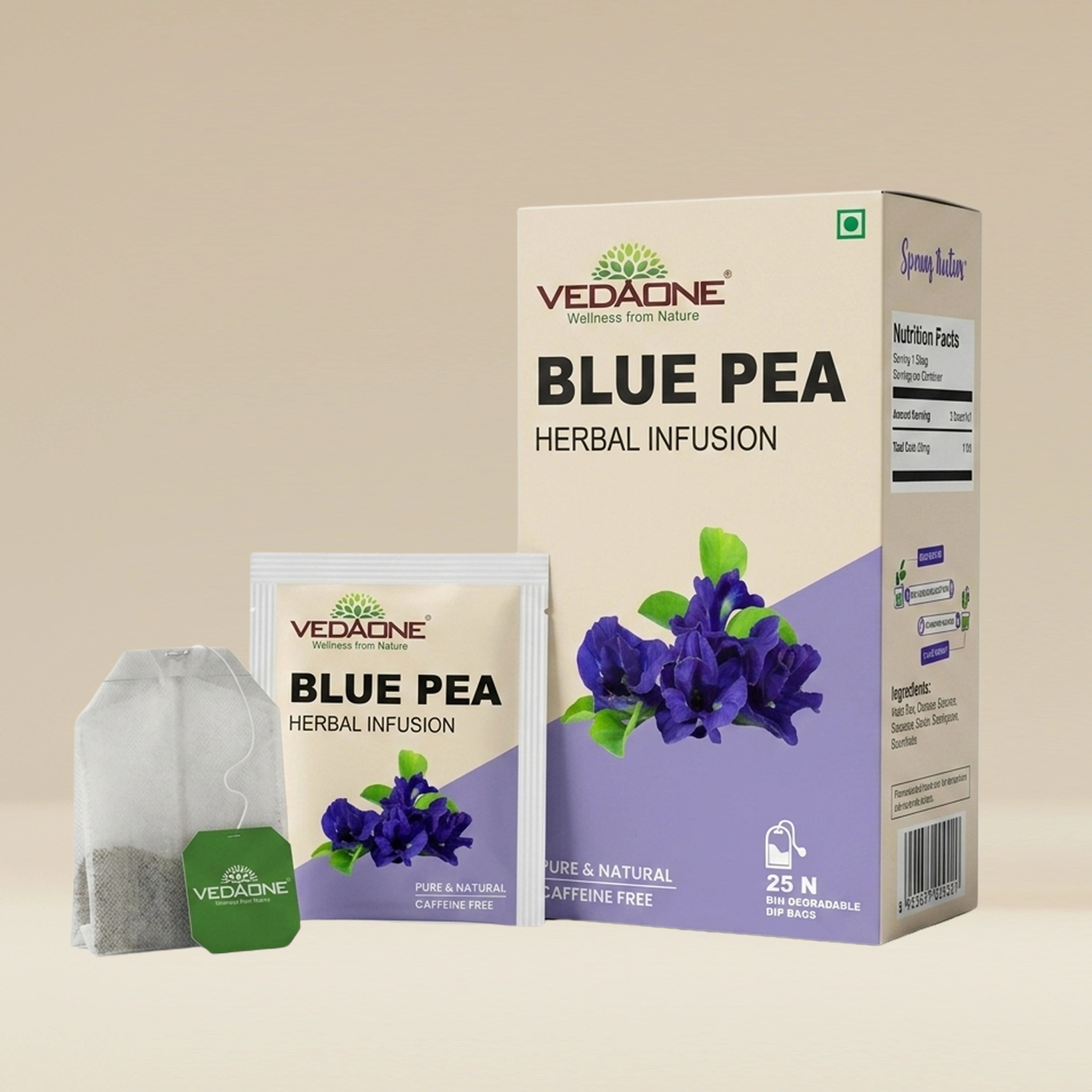 Vedaone Blue Pea Tea – 25 Dip Bags | Caffeine-Free Herbal Tea with Blue Pea Flower for Daily Eye & Wellness Support