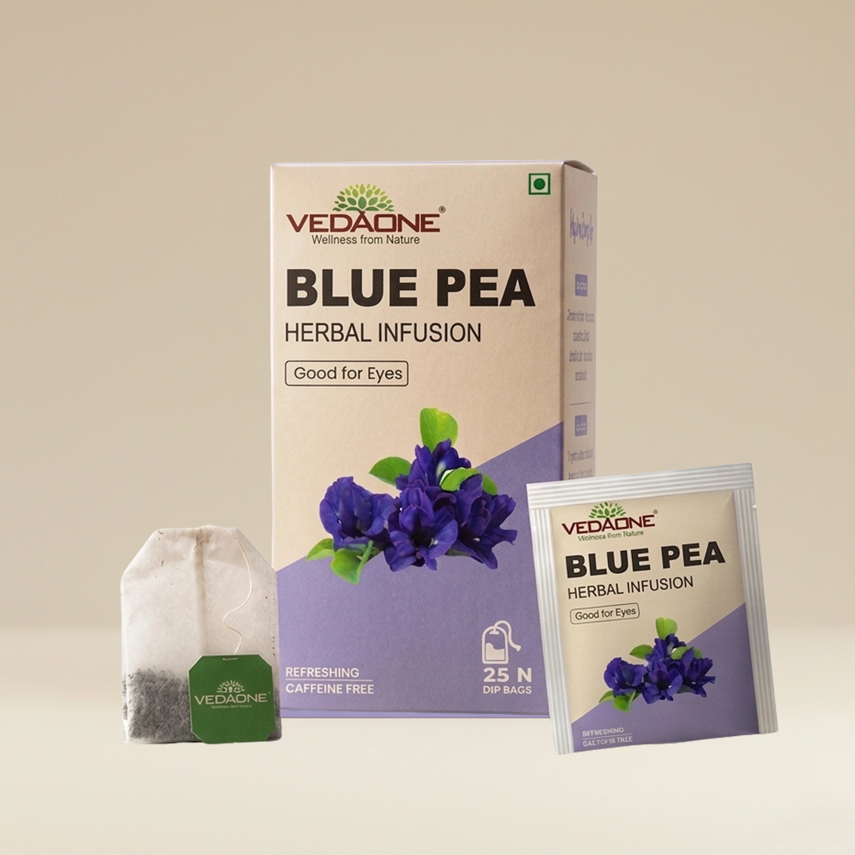Vedaone Blue Pea Tea – 25 Dip Bags | Caffeine-Free Herbal Tea with Blue Pea Flower for Daily Eye & Wellness Support