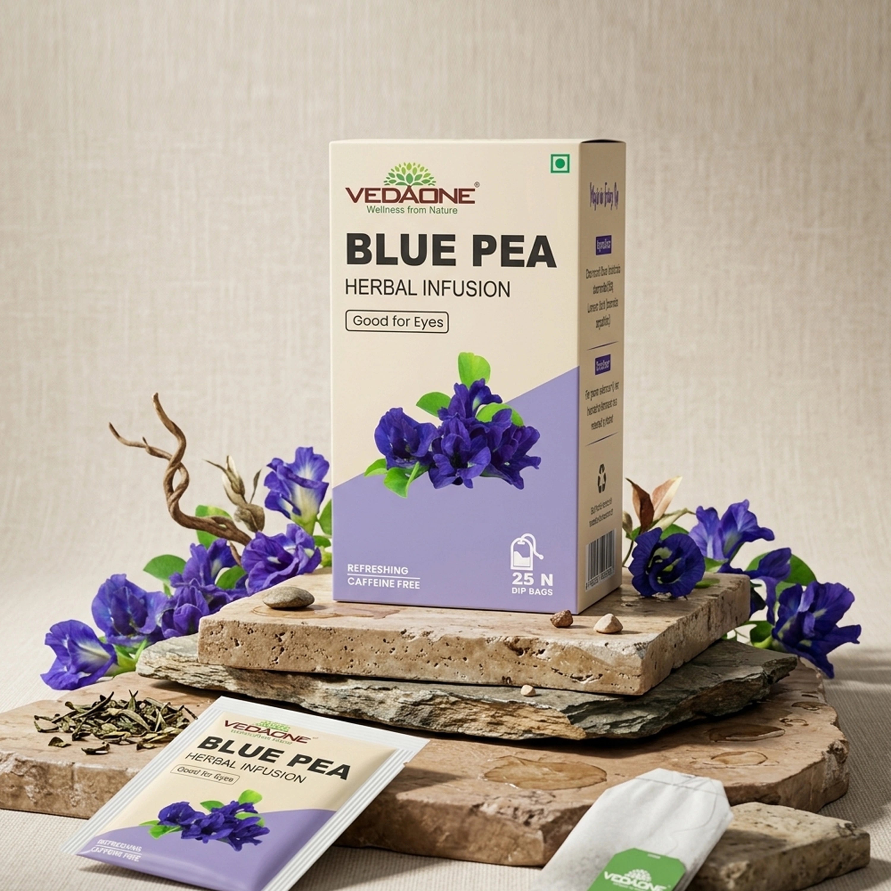 Vedaone Blue Pea Tea – 25 Dip Bags | Caffeine-Free Herbal Tea with Blue Pea Flower for Daily Eye & Wellness Support