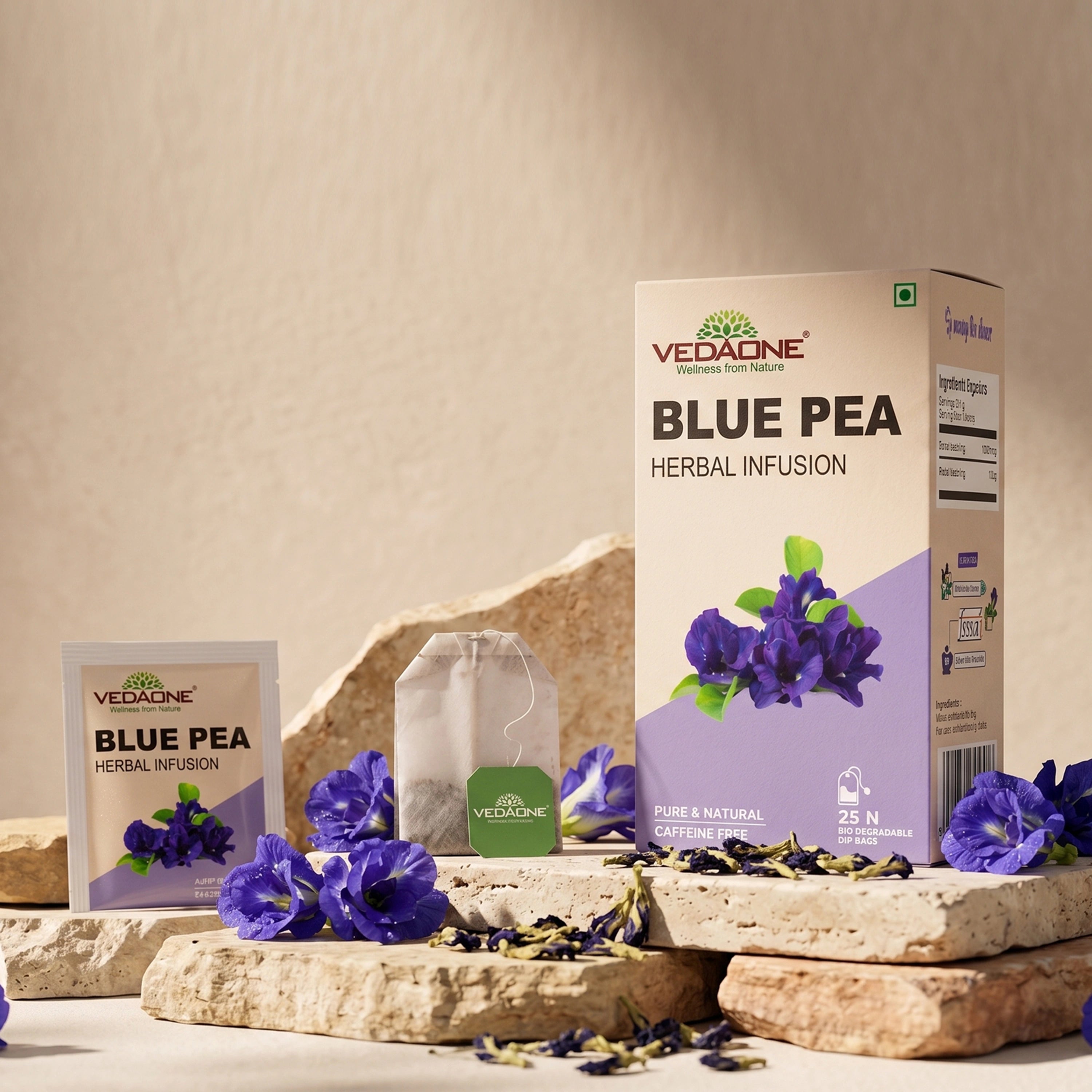 Vedaone Blue Pea Tea – 25 Dip Bags | Caffeine-Free Herbal Tea with Blue Pea Flower for Daily Eye & Wellness Support