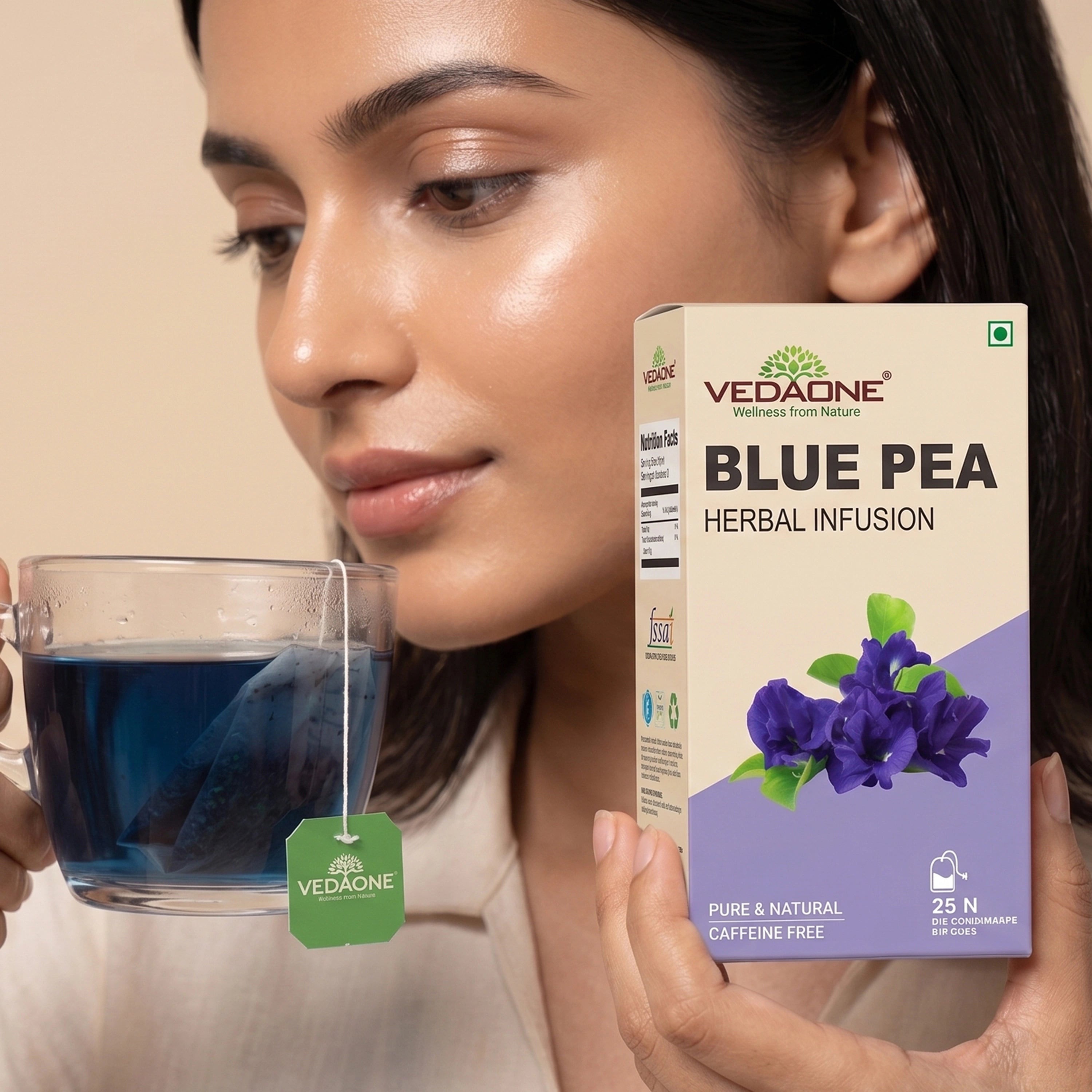 Vedaone Blue Pea Tea – 25 Dip Bags | Caffeine-Free Herbal Tea with Blue Pea Flower for Daily Eye & Wellness Support