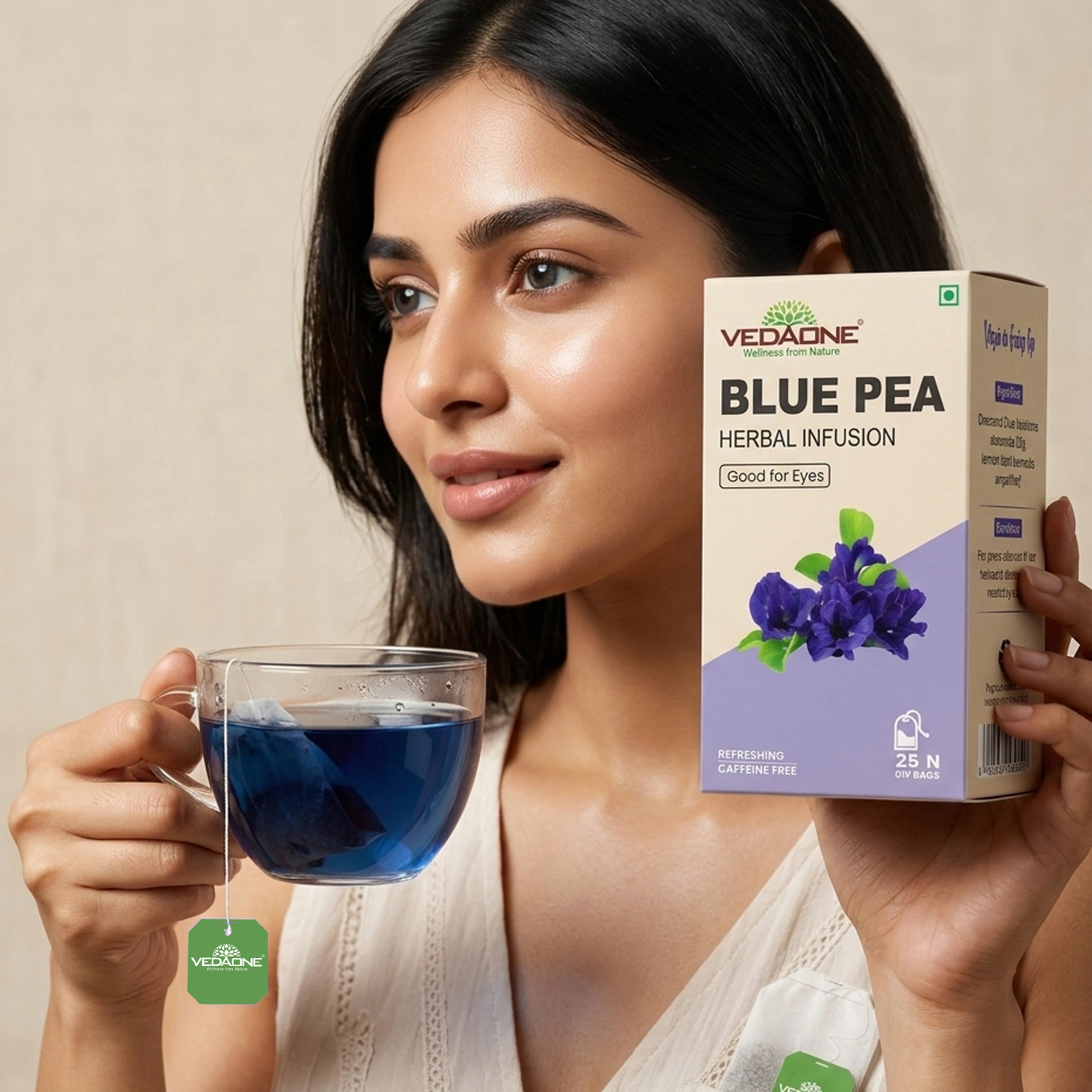 Vedaone Blue Pea Tea – 25 Dip Bags | Caffeine-Free Herbal Tea with Blue Pea Flower for Daily Eye & Wellness Support