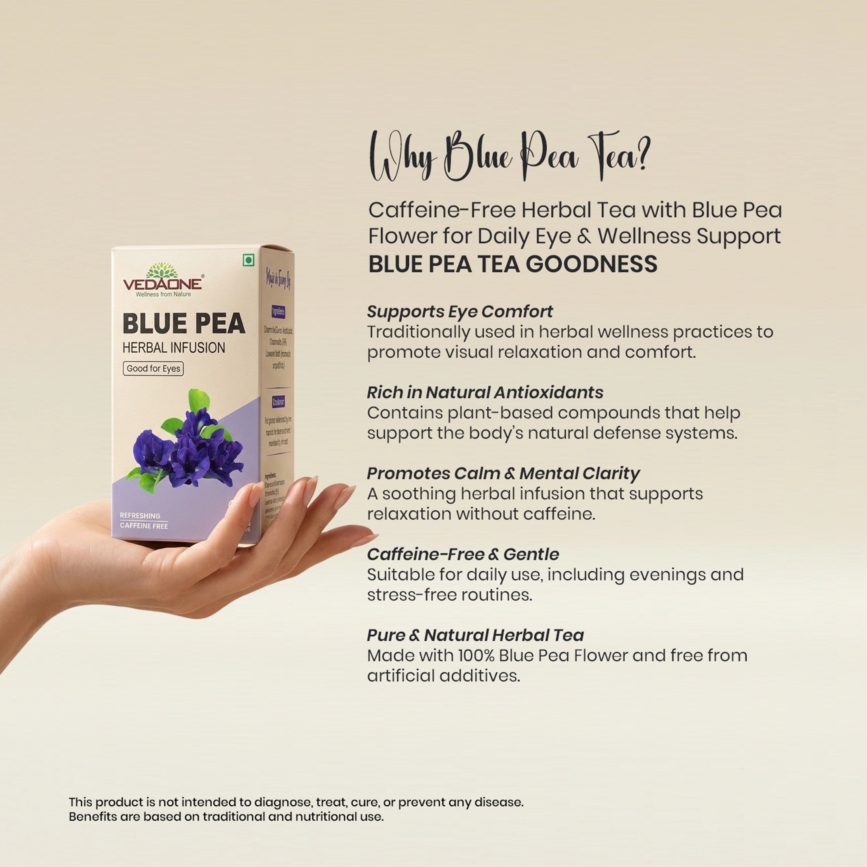 Vedaone Blue Pea Tea – 25 Dip Bags | Caffeine-Free Herbal Tea with Blue Pea Flower for Daily Eye & Wellness Support