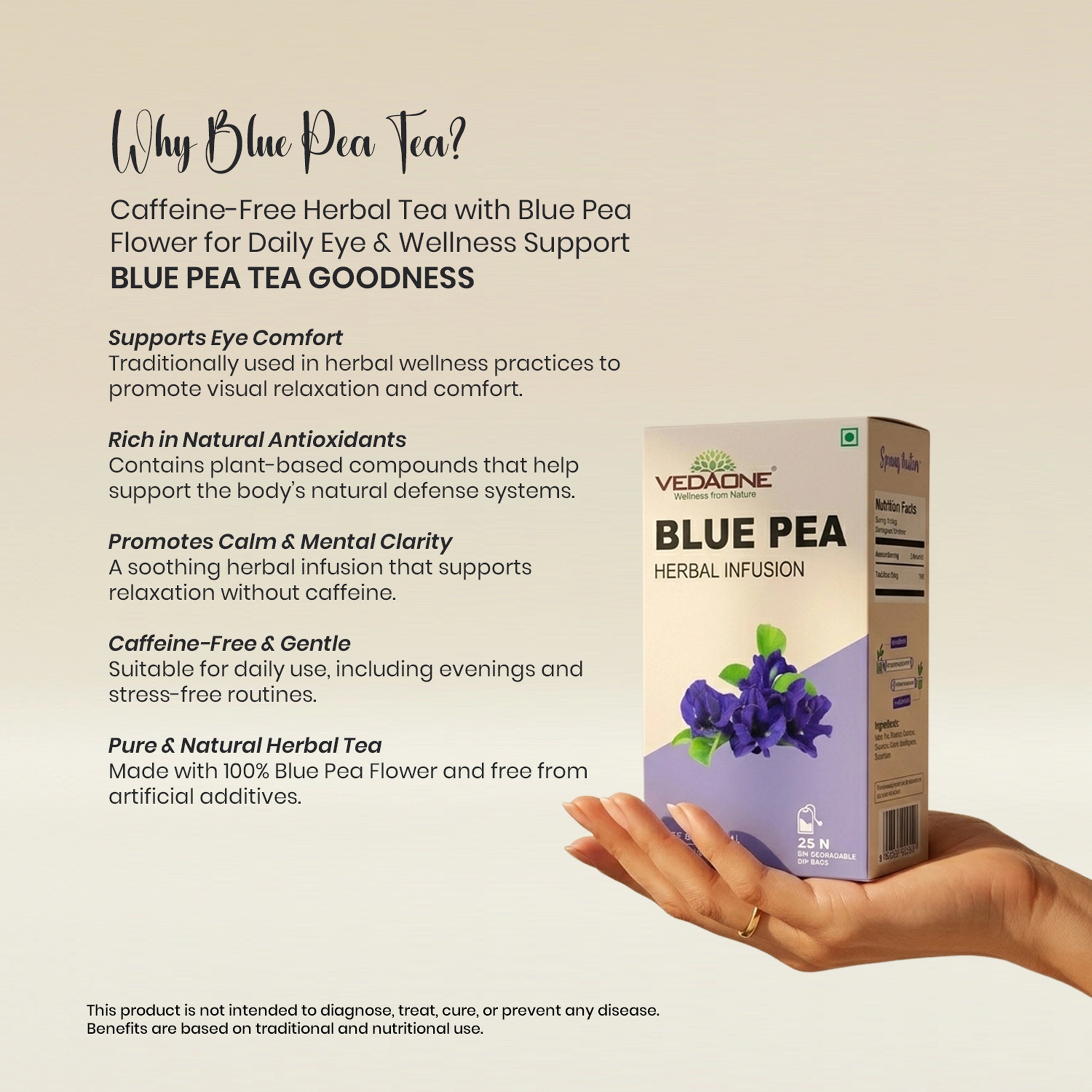 Vedaone Blue Pea Tea – 25 Dip Bags | Caffeine-Free Herbal Tea with Blue Pea Flower for Daily Eye & Wellness Support