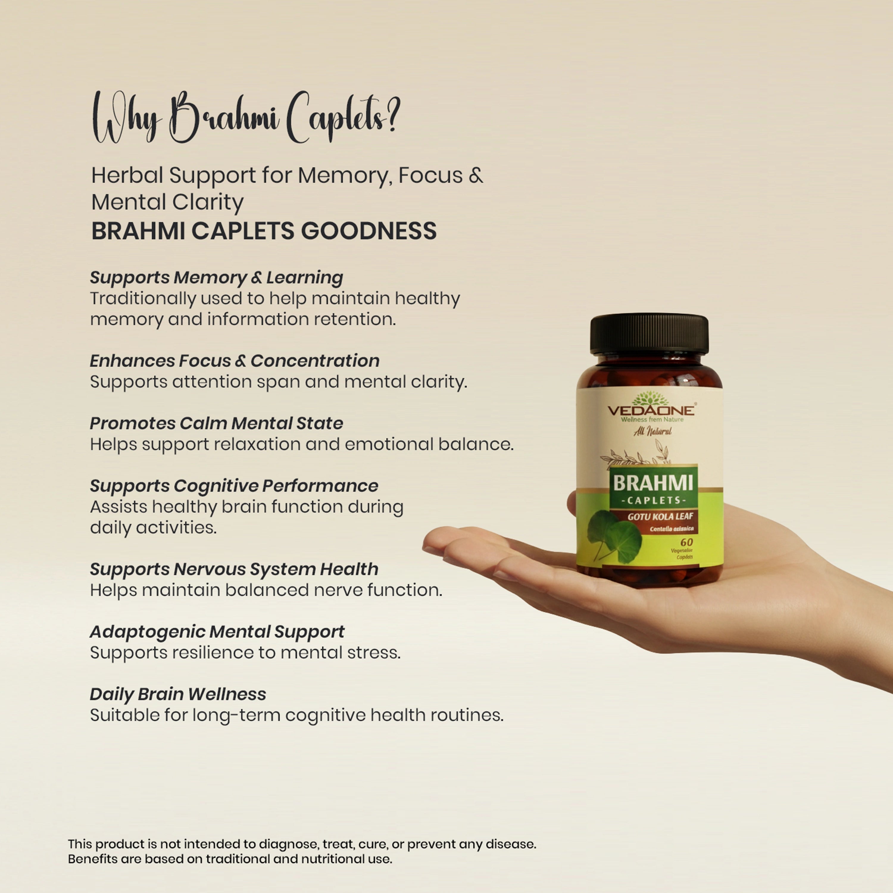 Vedaone Brahmi 60 Caplets | Herbal Support for Memory, Focus & Mental Clarity