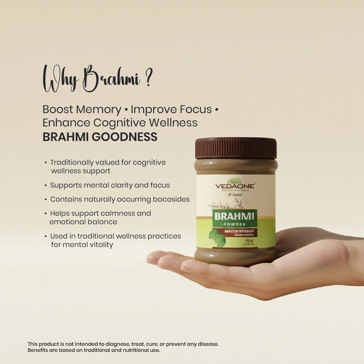 Vedaone Brahmi Powder 100 g | Pure Bacopa monnieri for Cognitive & Mental Wellness Support