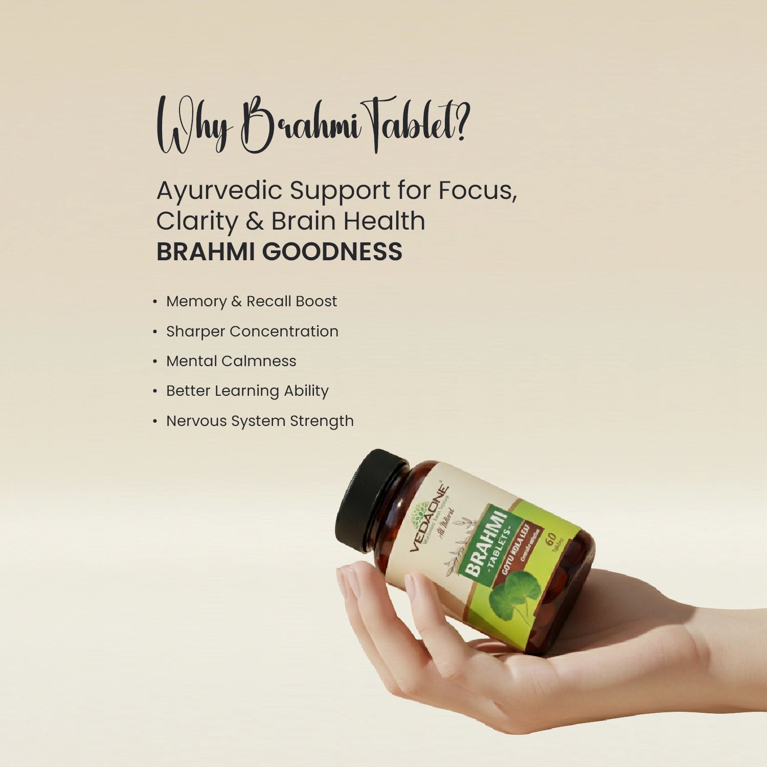 Vedaone Brahmi Tablets 750mg | Bacopa Monnieri for Memory, Focus & Brain Health – 60 Tablets