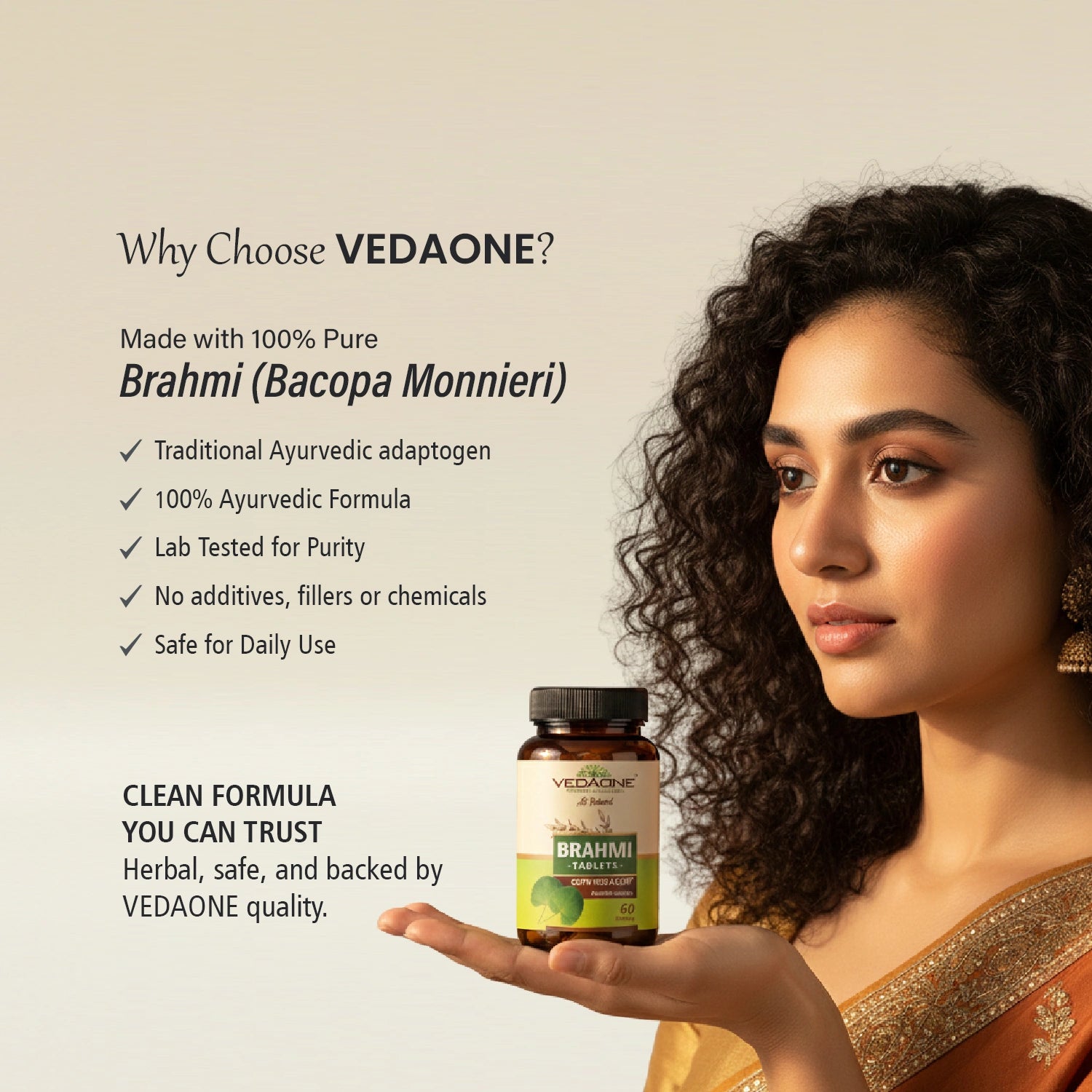 Vedaone Brahmi Tablets 750mg | Bacopa Monnieri for Memory, Focus & Brain Health – 60 Tablets