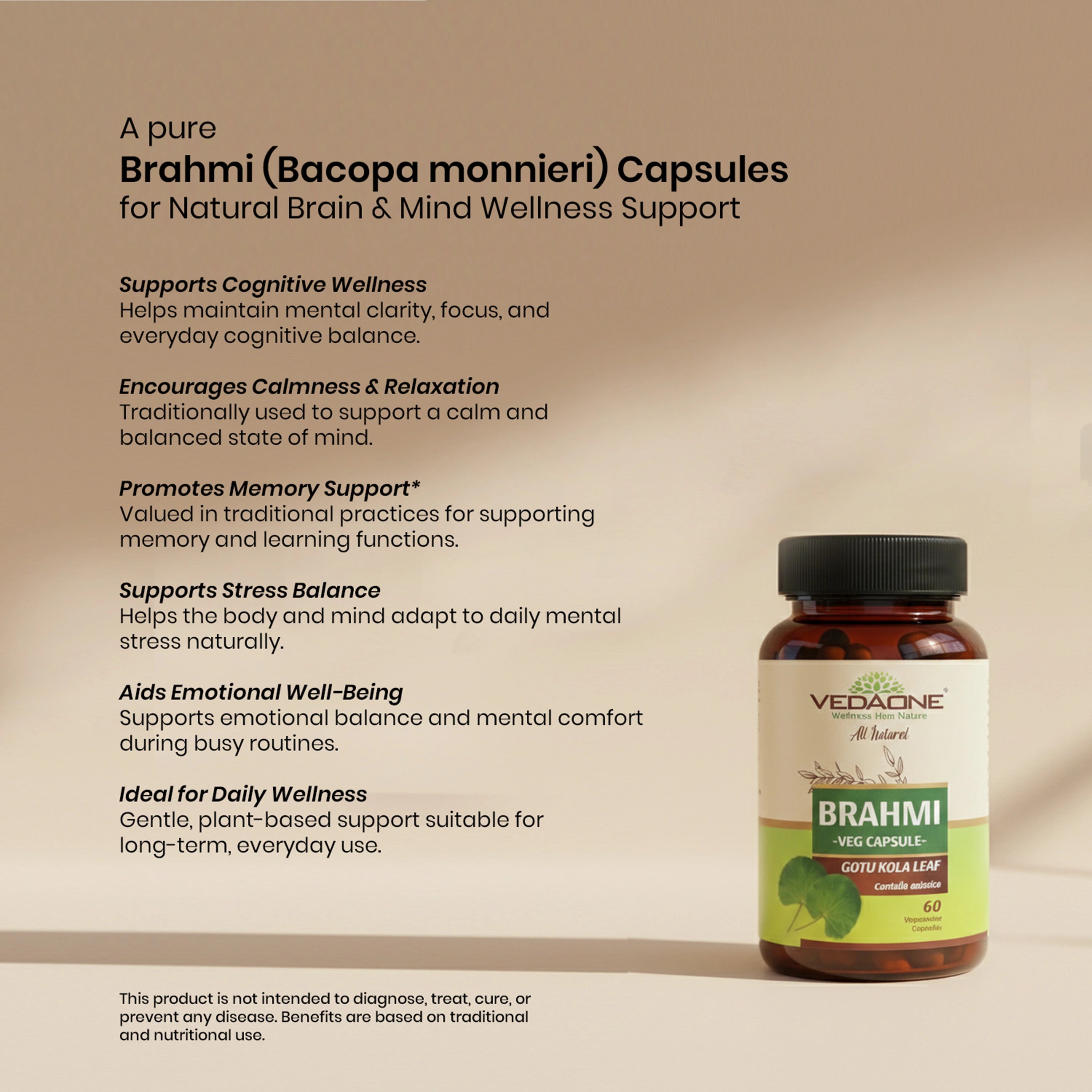 Vedaone Brahmi Capsules - 60 Capsules | Natural Brain & Mind Wellness Support