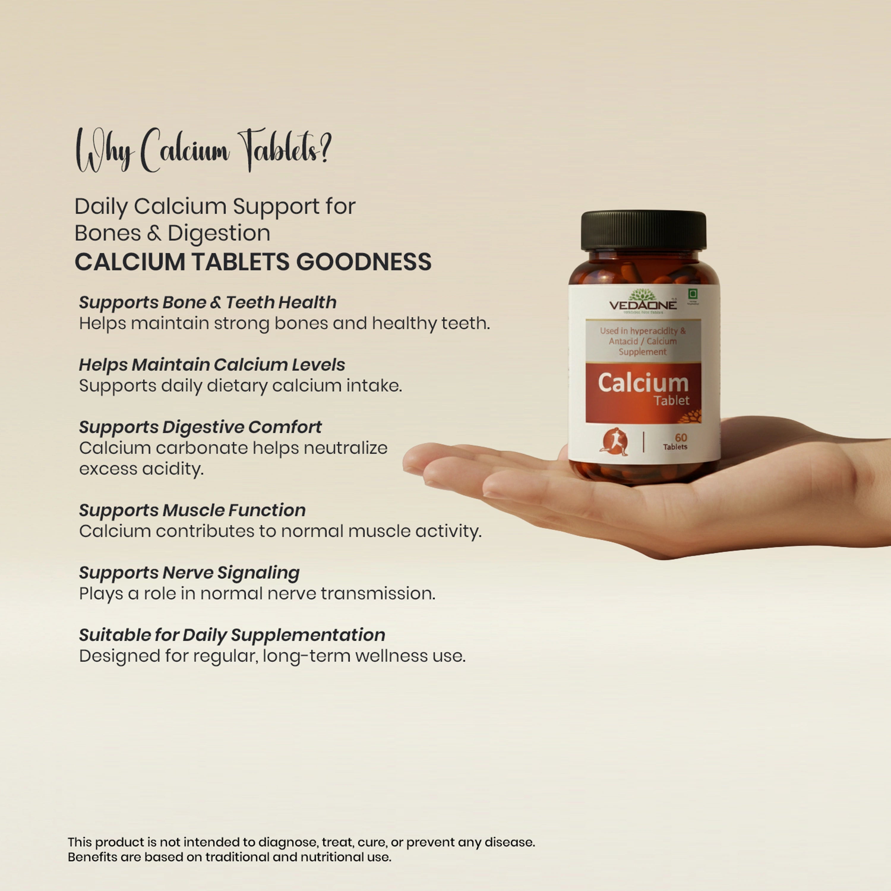 Vedaone Calcium Tablets 60 Tablets | Calcium Carbonate for Bone Strength & Digestive Comfort