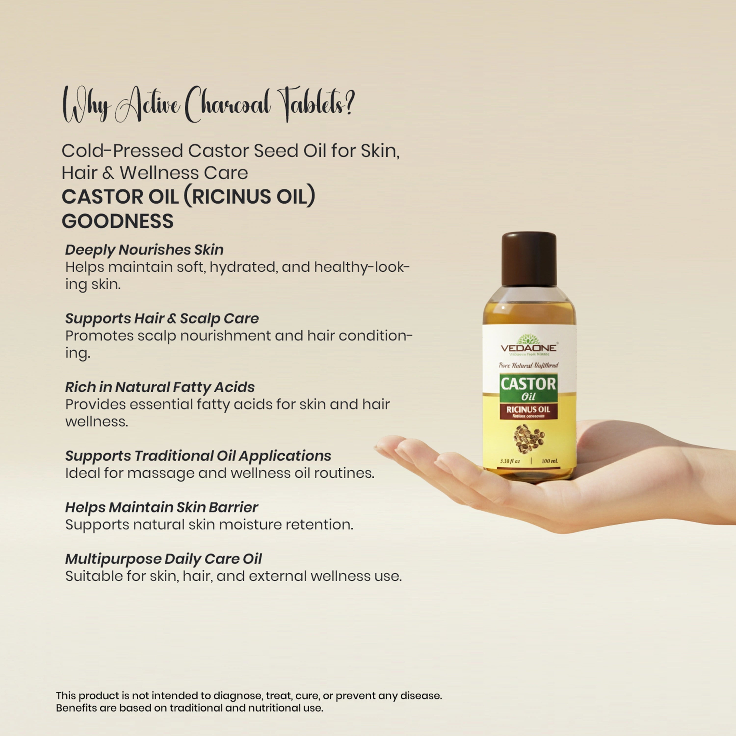 Vedaone Castor Oil (Ricinus Oil) 100 ml | Cold-Pressed Castor Seed Oil for Skin, Hair & Wellness Care