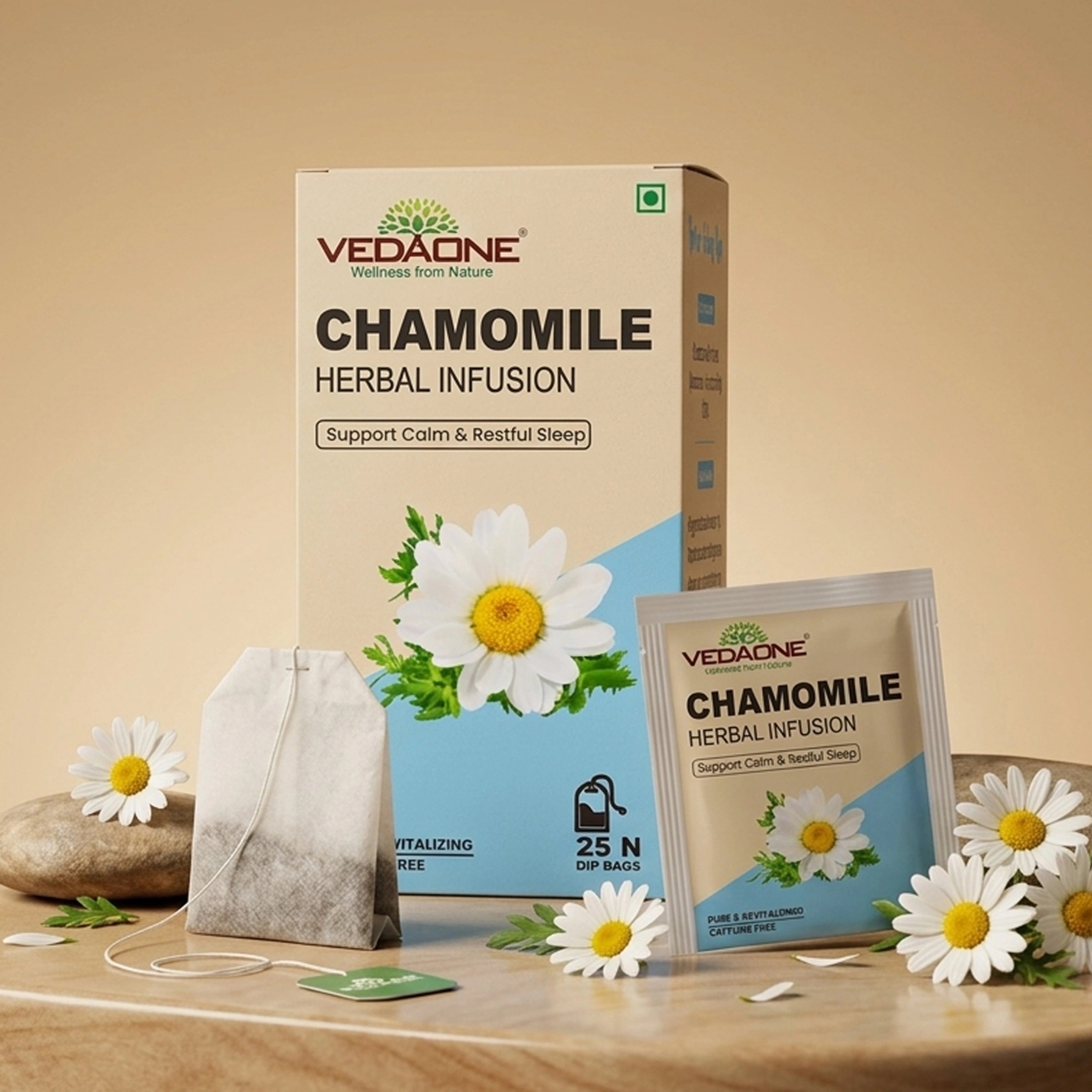 Vedaone Chamomile Herbal Infusion Tea – 25 Dip Bags | Caffeine-Free Chamomile Tea for Calm, Relaxation & Restful Evenings