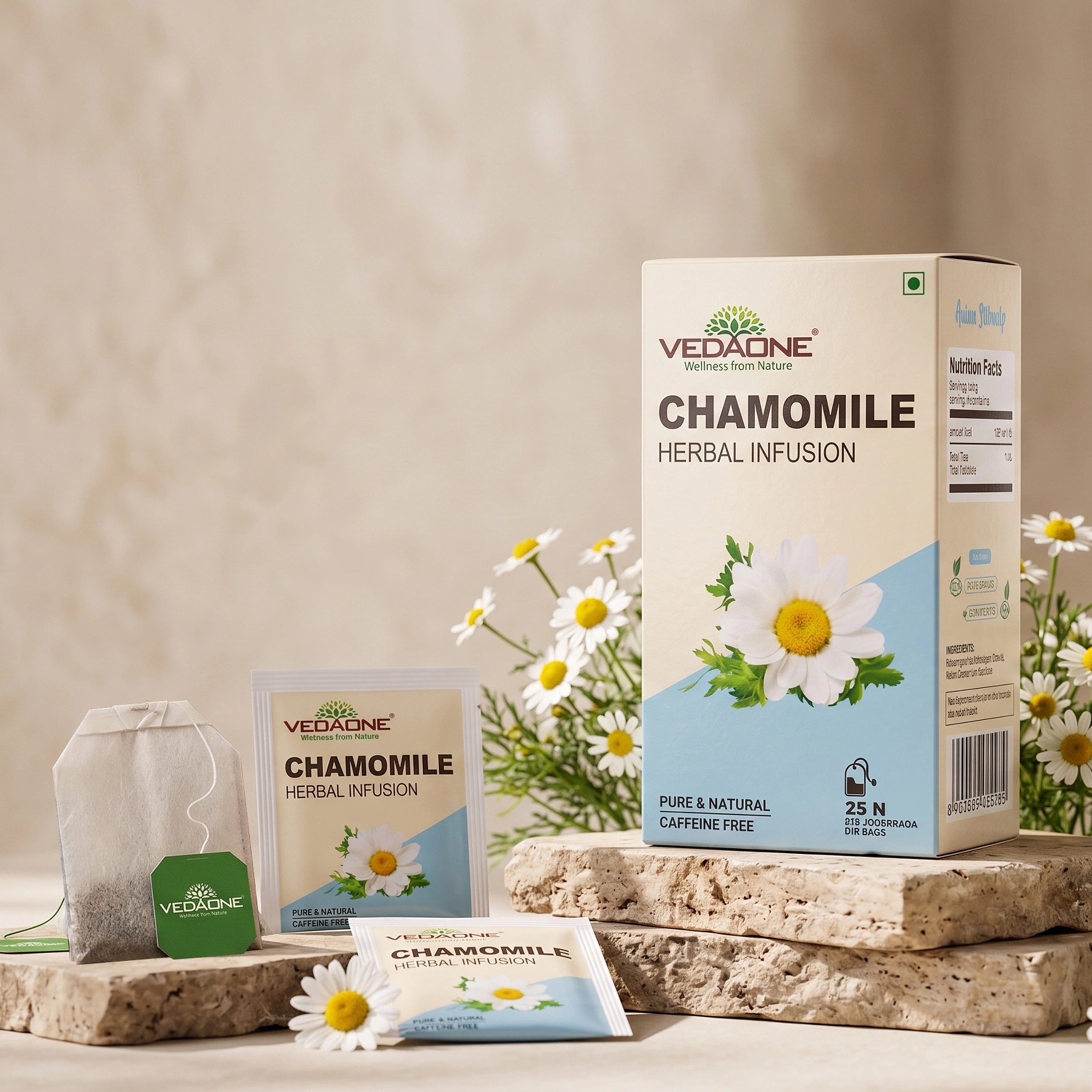 Vedaone Chamomile Herbal Infusion Tea – 25 Dip Bags | Caffeine-Free Chamomile Tea for Calm, Relaxation & Restful Evenings