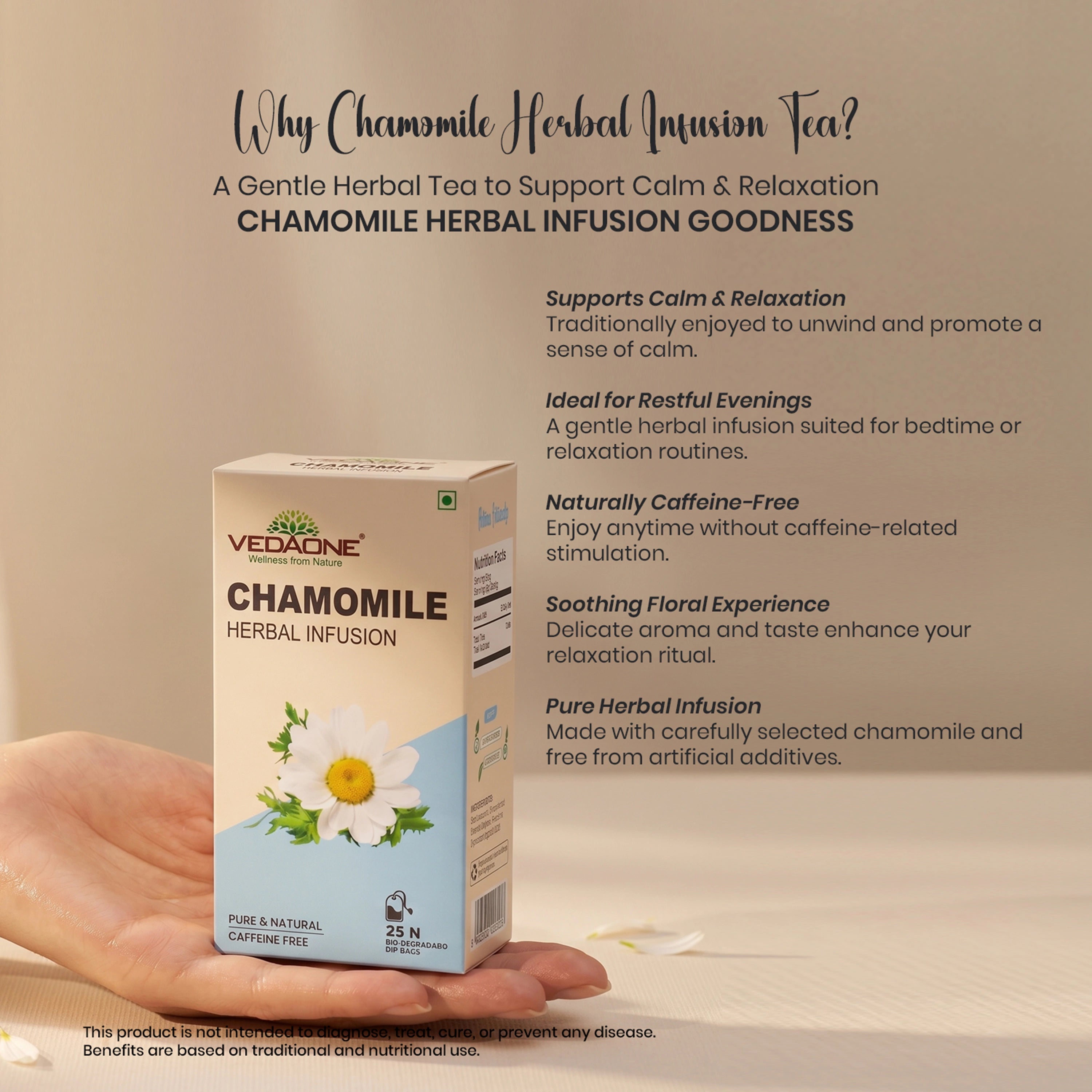 Vedaone Chamomile Herbal Infusion Tea – 25 Dip Bags | Caffeine-Free Chamomile Tea for Calm, Relaxation & Restful Evenings