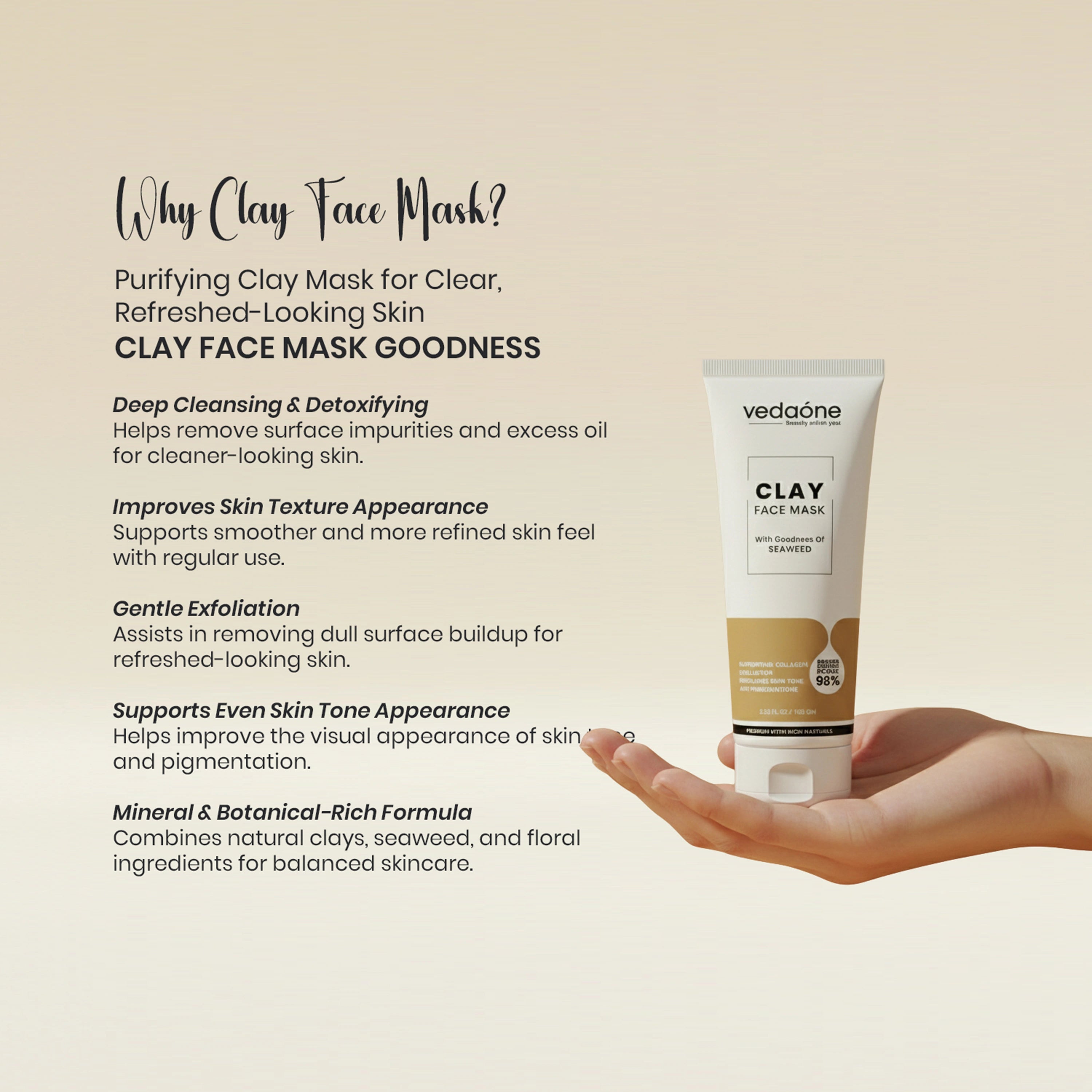 VedaOne Clay Face Mask with Seaweed 100 gm | Detoxifying & Skin-Refining Clay Mask