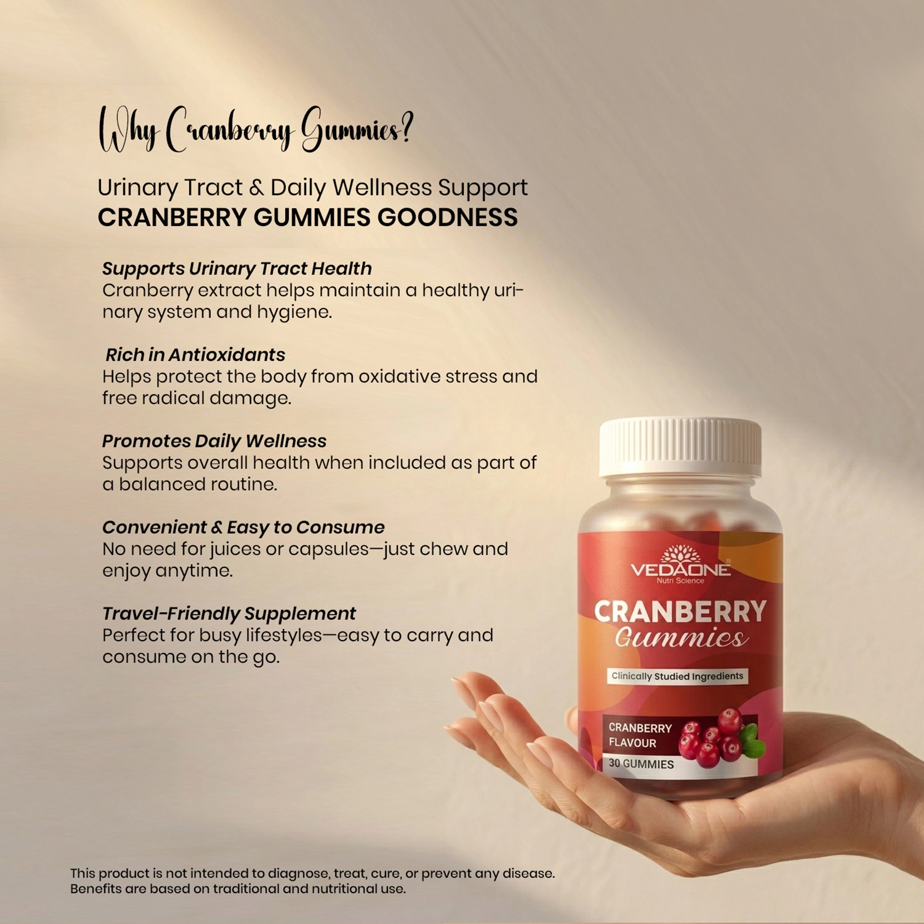 Vedaone Cranberry Gummies – 30 Gummies | Urinary Tract & Daily Wellness Support