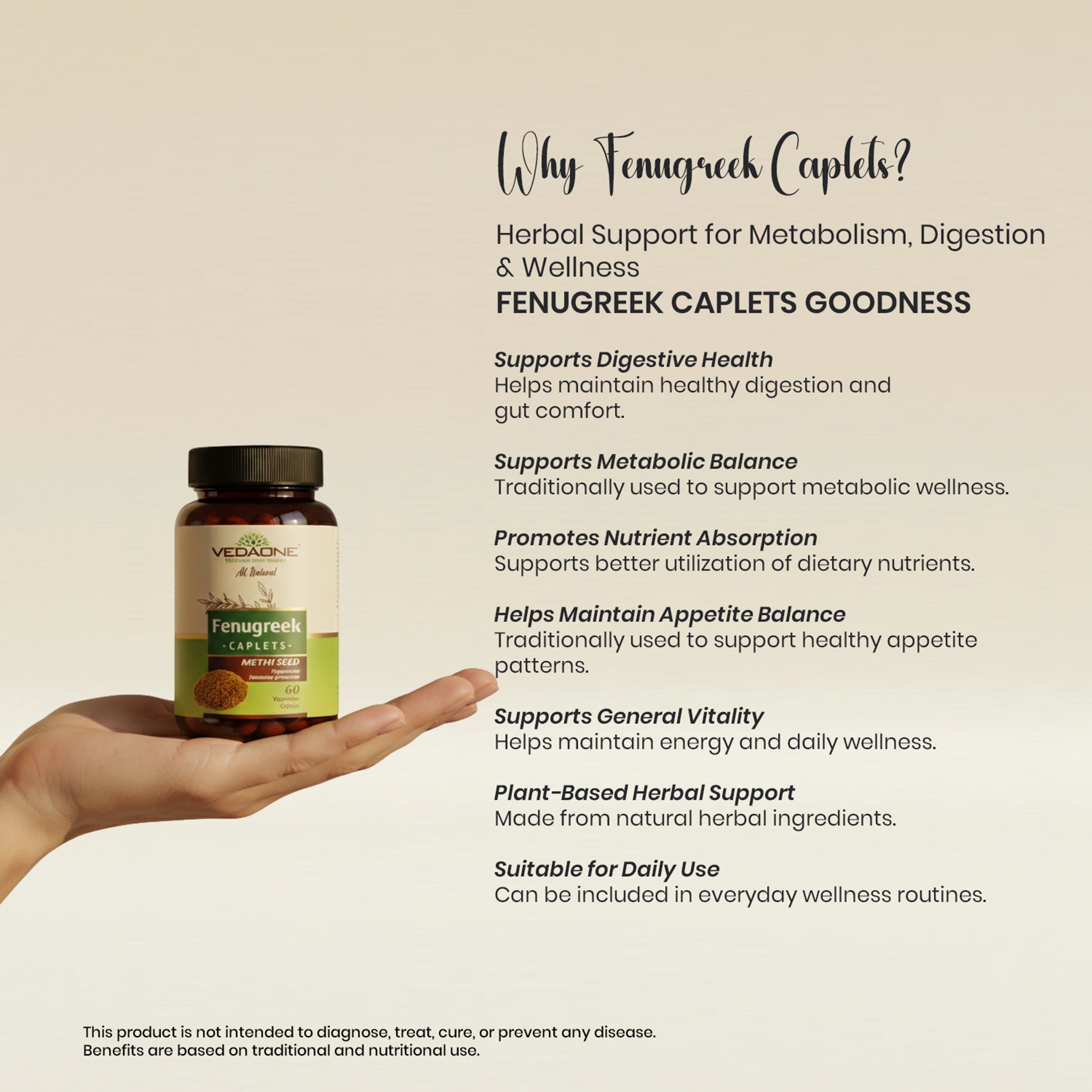 Vedaone Fenugreek 60 Caplets | Herbal Support for Metabolism, Digestion & Wellness