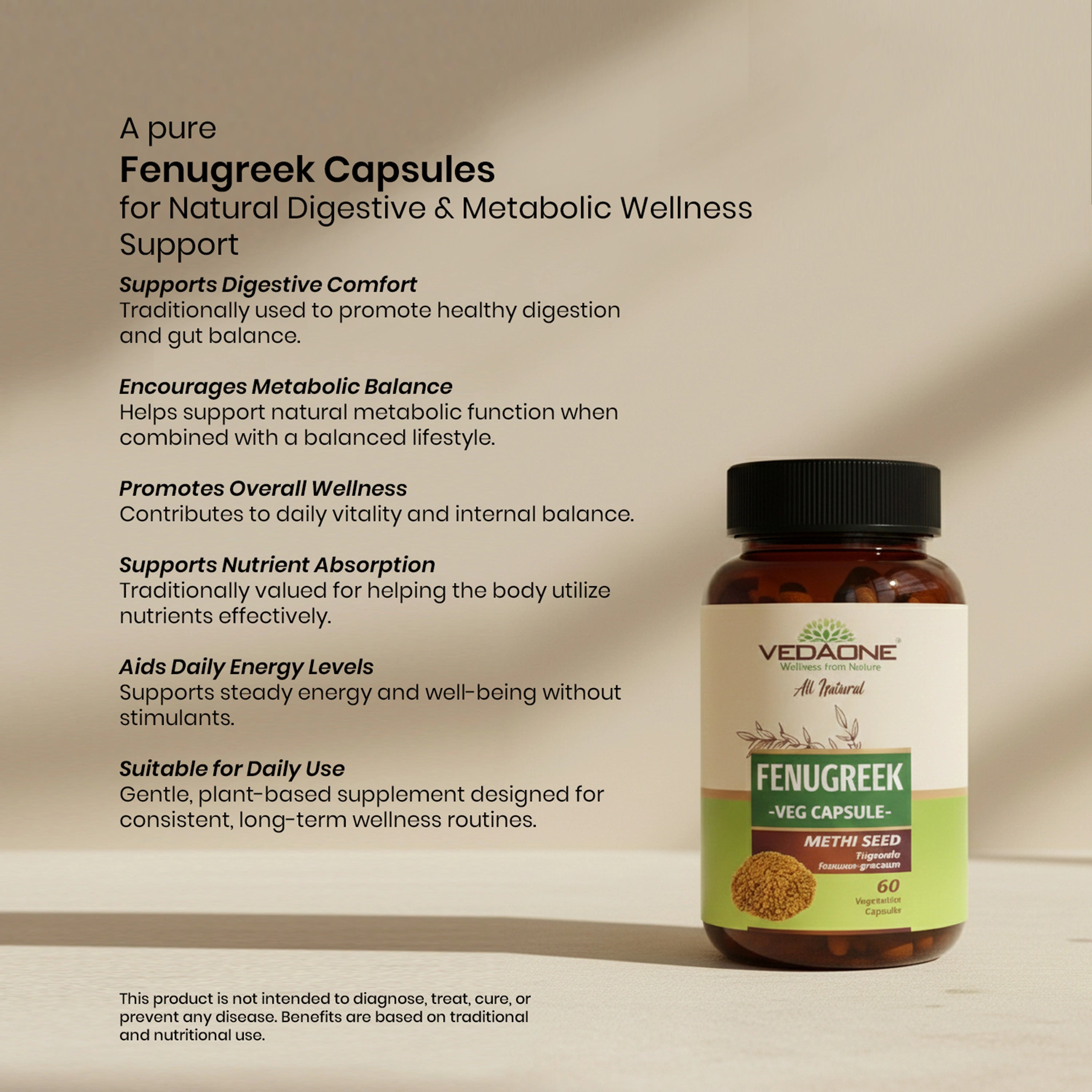 Vedaone Fenugreek Capsules - 60 Capsules | Natural Digestive & Metabolic Wellness Support