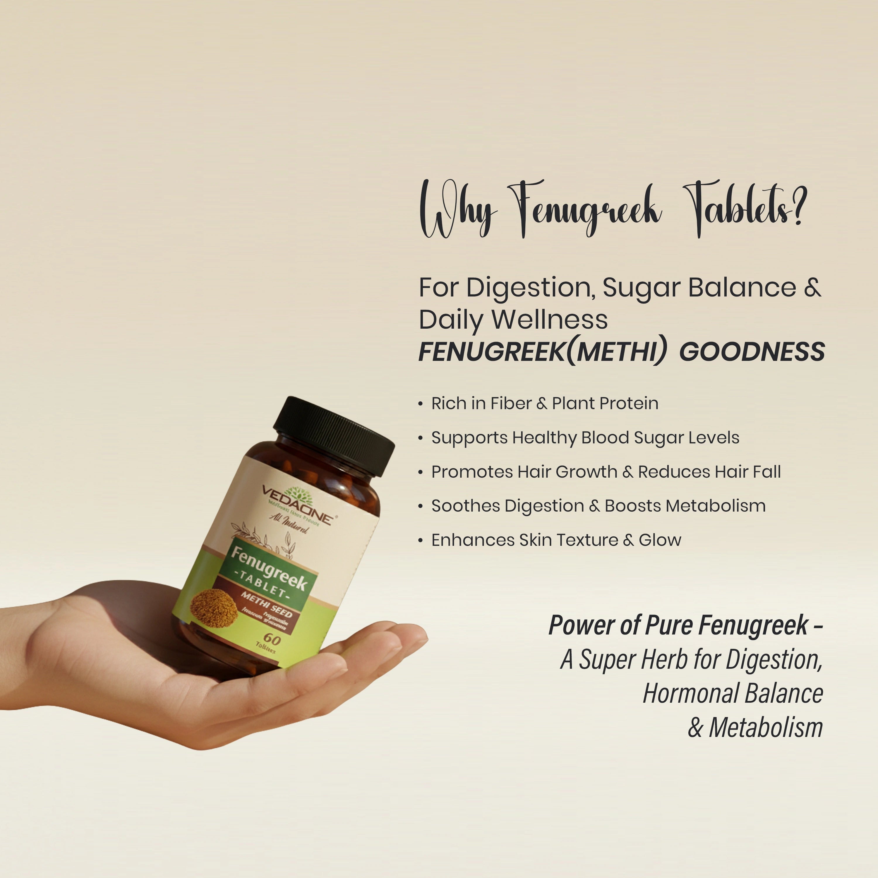 Vedaone Fenugreek (Methi) Tablets 750mg – Natural Support for Digestion, Sugar Balance & Metabolism