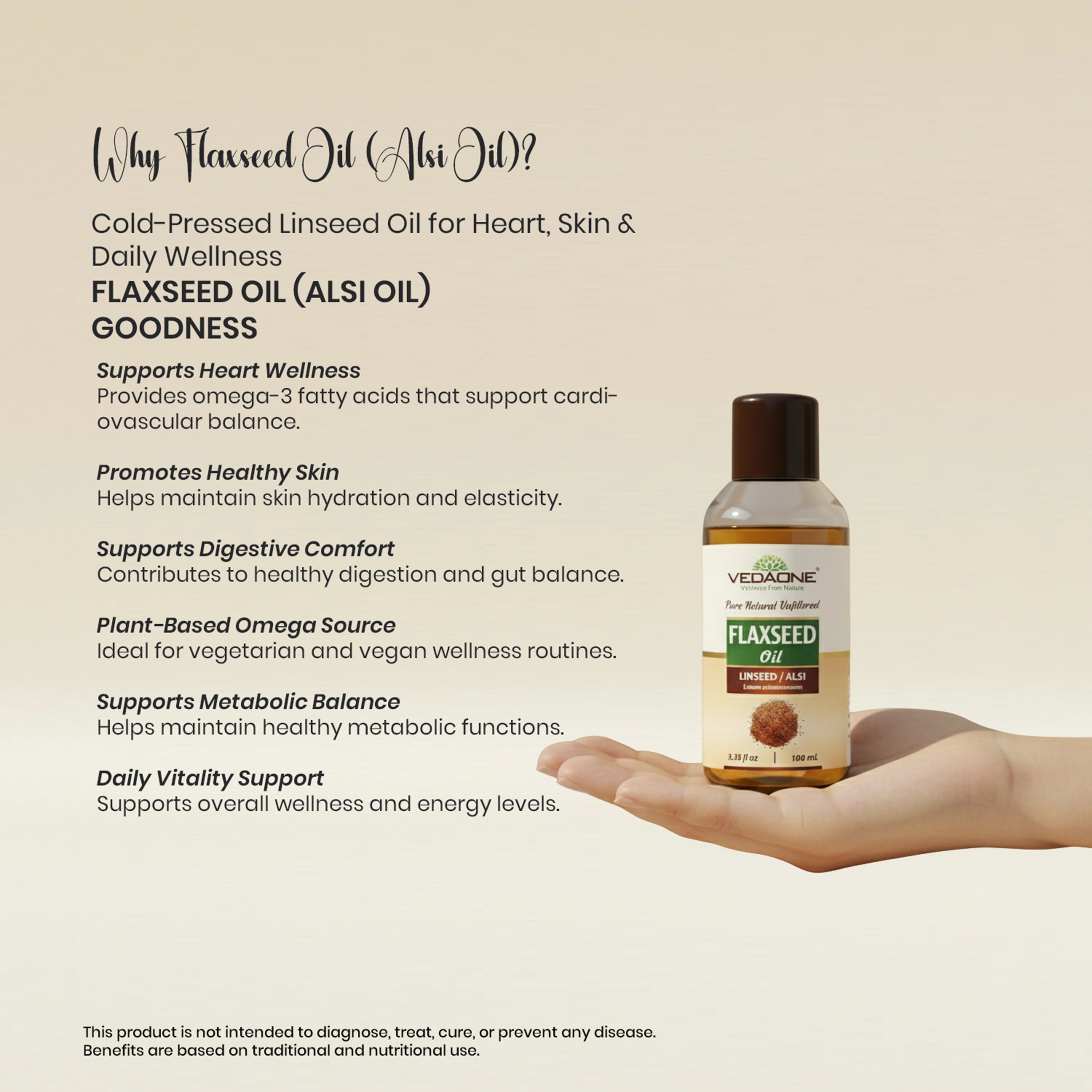 Vedaone Flaxseed Oil (Alsi Oil) 100 ml | Cold-Pressed Linseed Oil for Heart, Skin & Daily Wellness