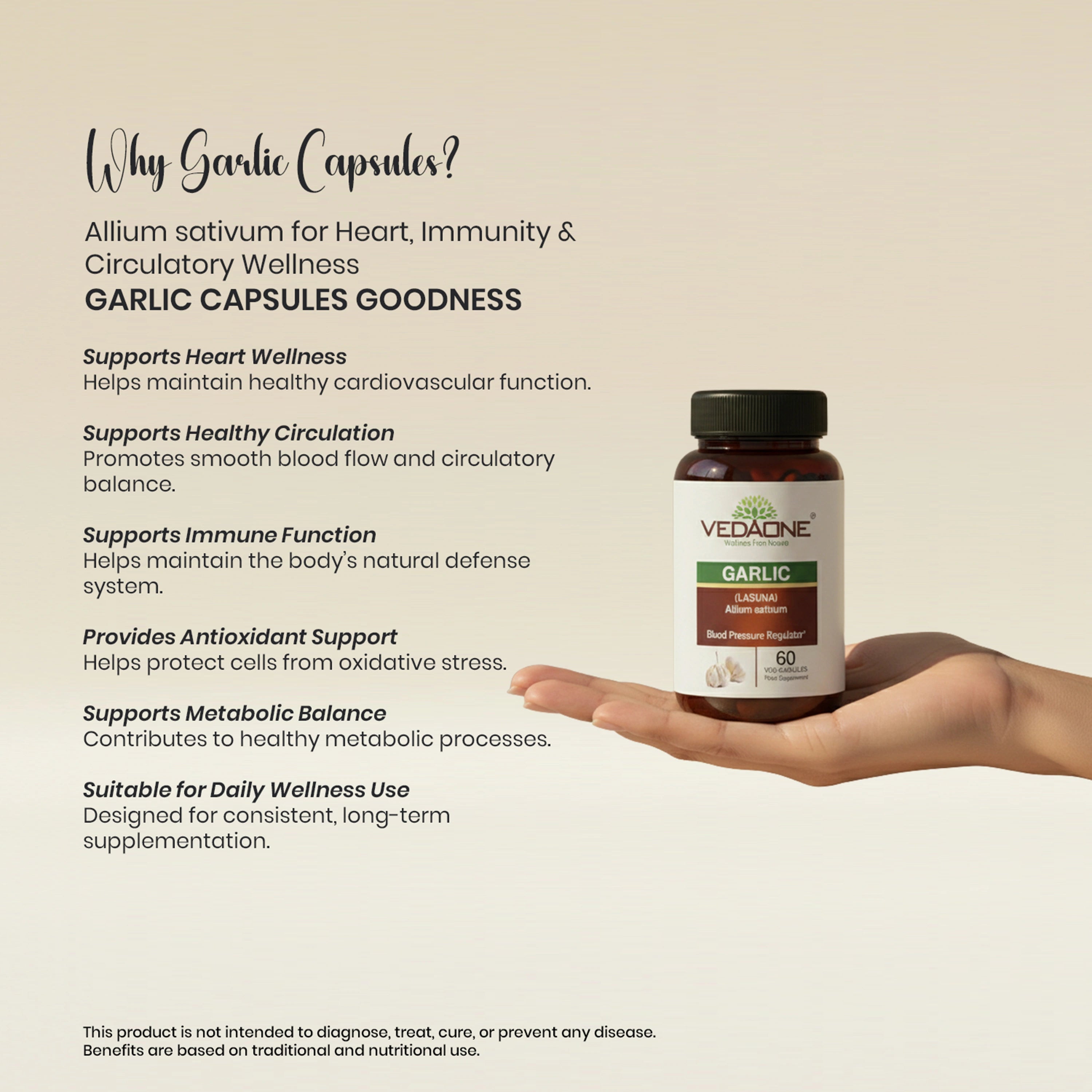 Vedaone Garlic Capsules 60 Capsules | Allium sativum for Heart, Immunity & Circulatory Wellness