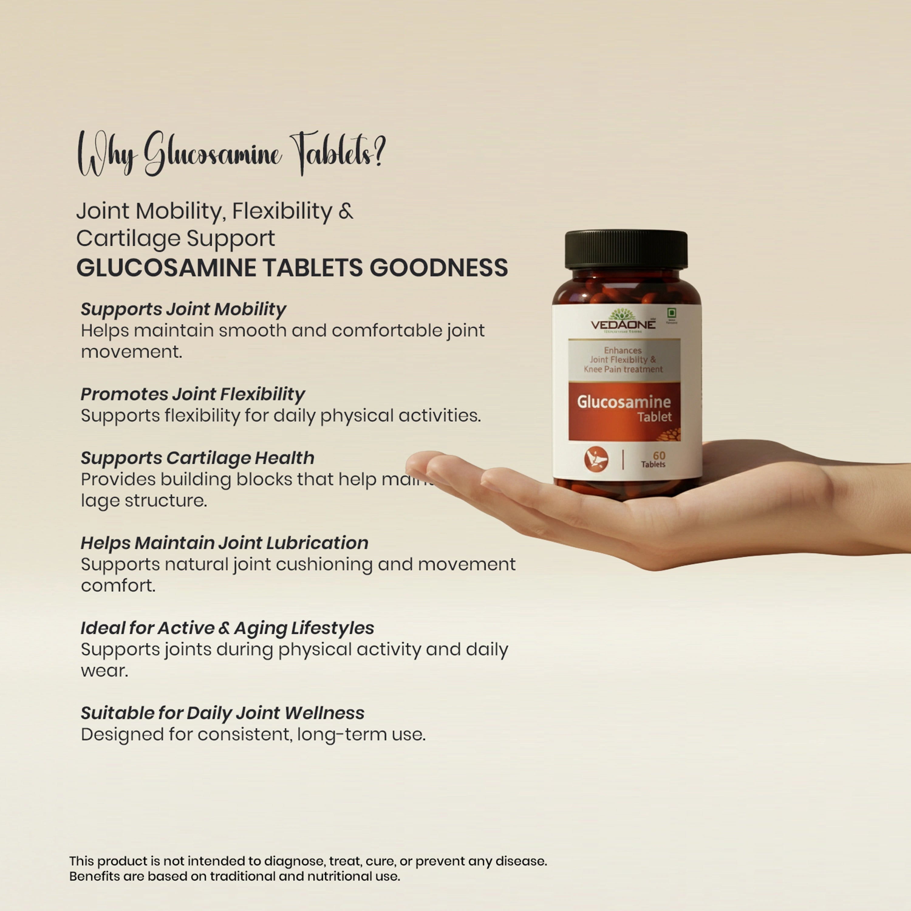 Vedaone Glucosamine Tablet 60 Tablets | Glucosamine HCl for Joint Mobility, Flexibility & Cartilage Support