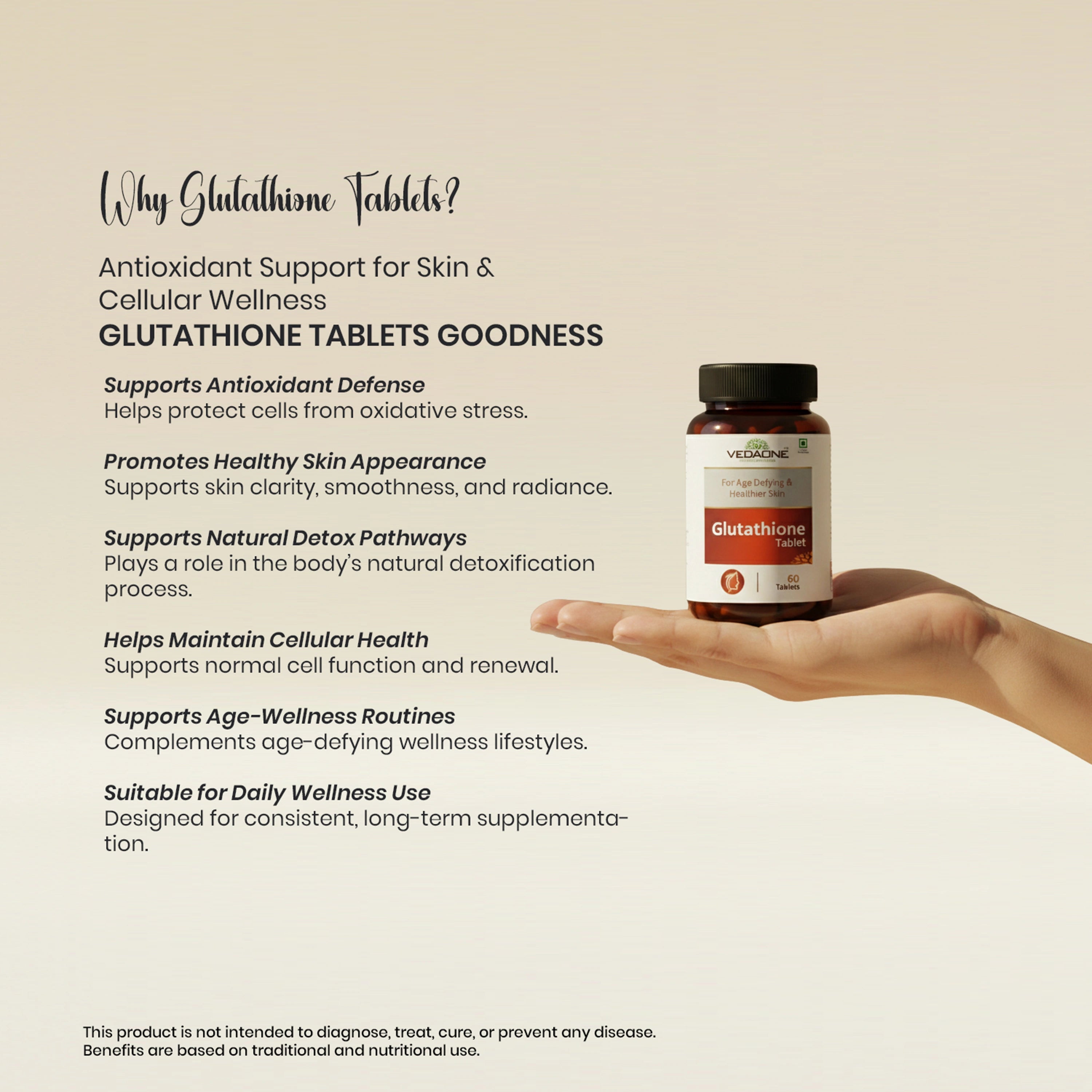 Vedaone Glutathione Tablet 60 Tablets | L-Glutathione for Antioxidant Support & Skin Health