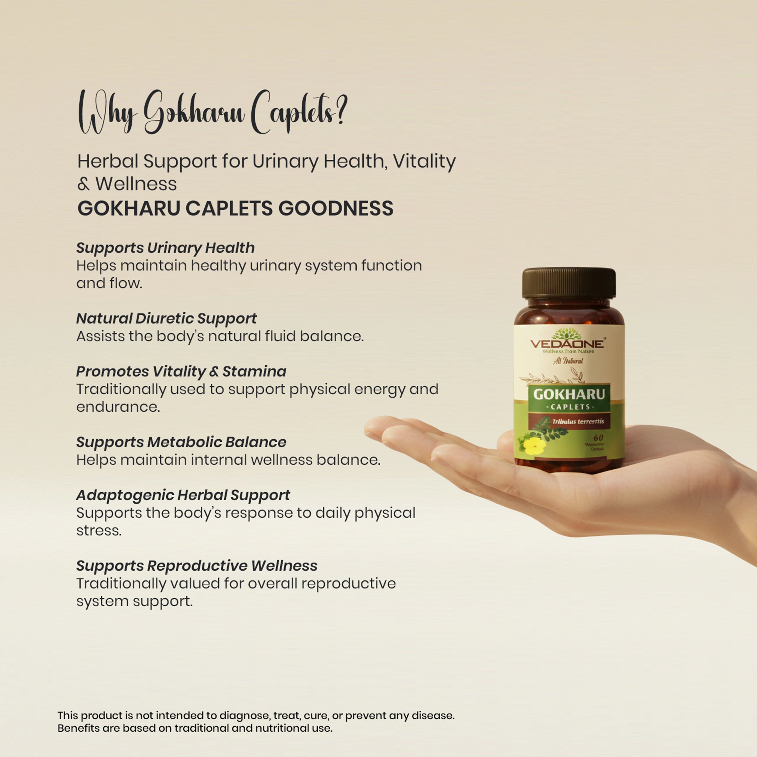 Vedaone Gokharu 60 Caplets | Herbal Support for Urinary Health, Vitality & Wellness