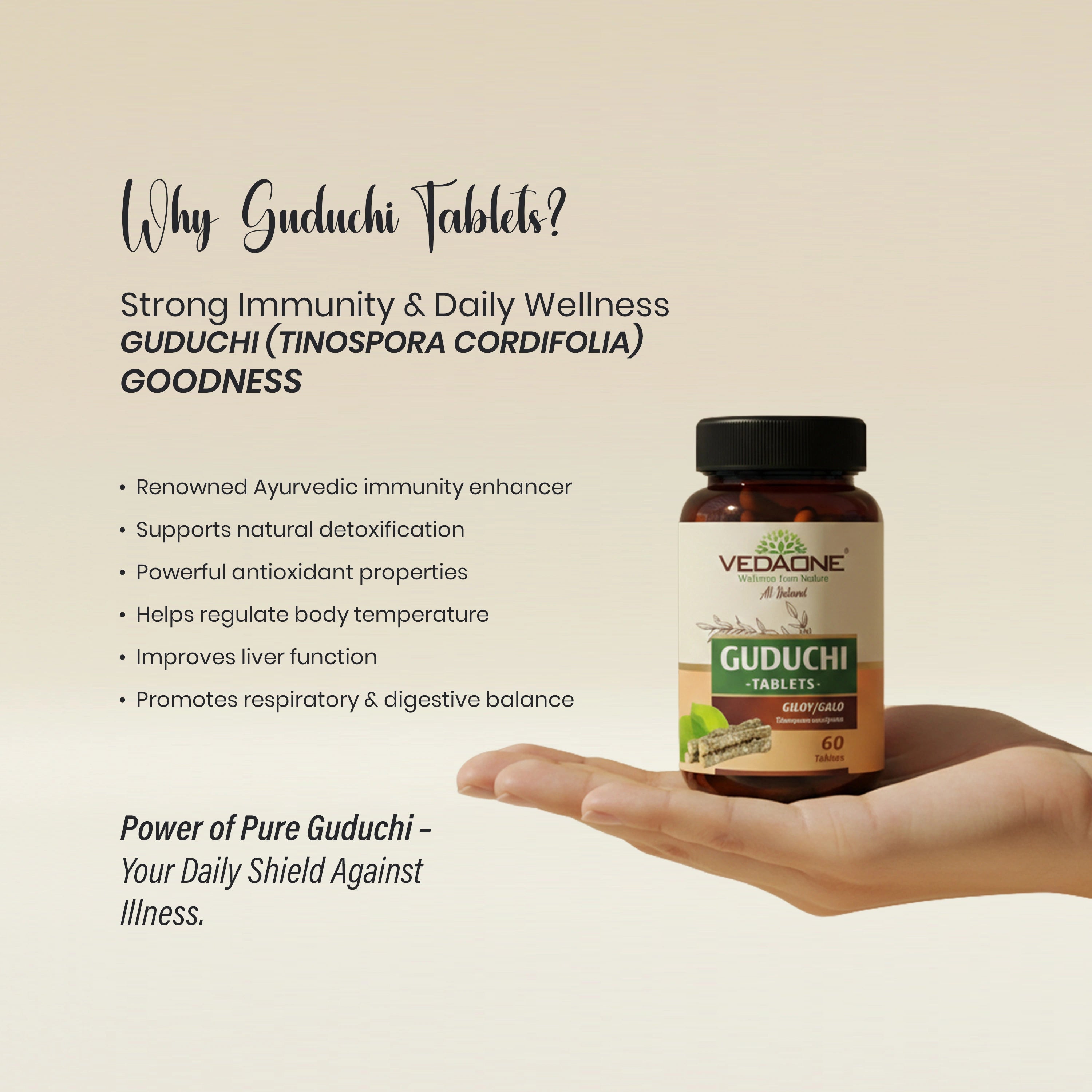 Vedaone Guduchi Tablets 750mg | Tinospora cordifolia for Immunity, Detox & Wellness