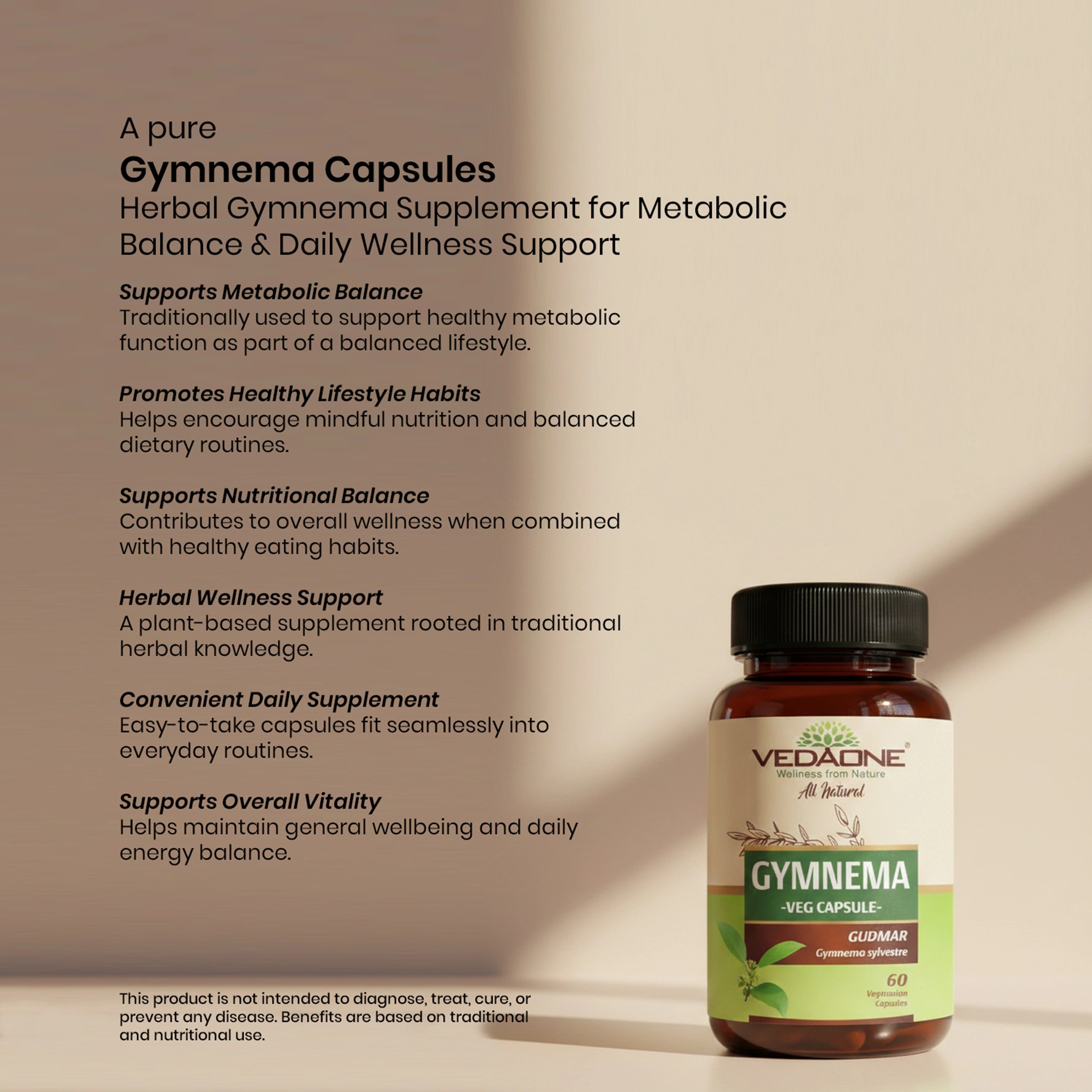 Vedaone Gymnema Capsules 60 Capsules – Herbal Gymnema Supplement for Metabolic Balance & Daily Wellness Support