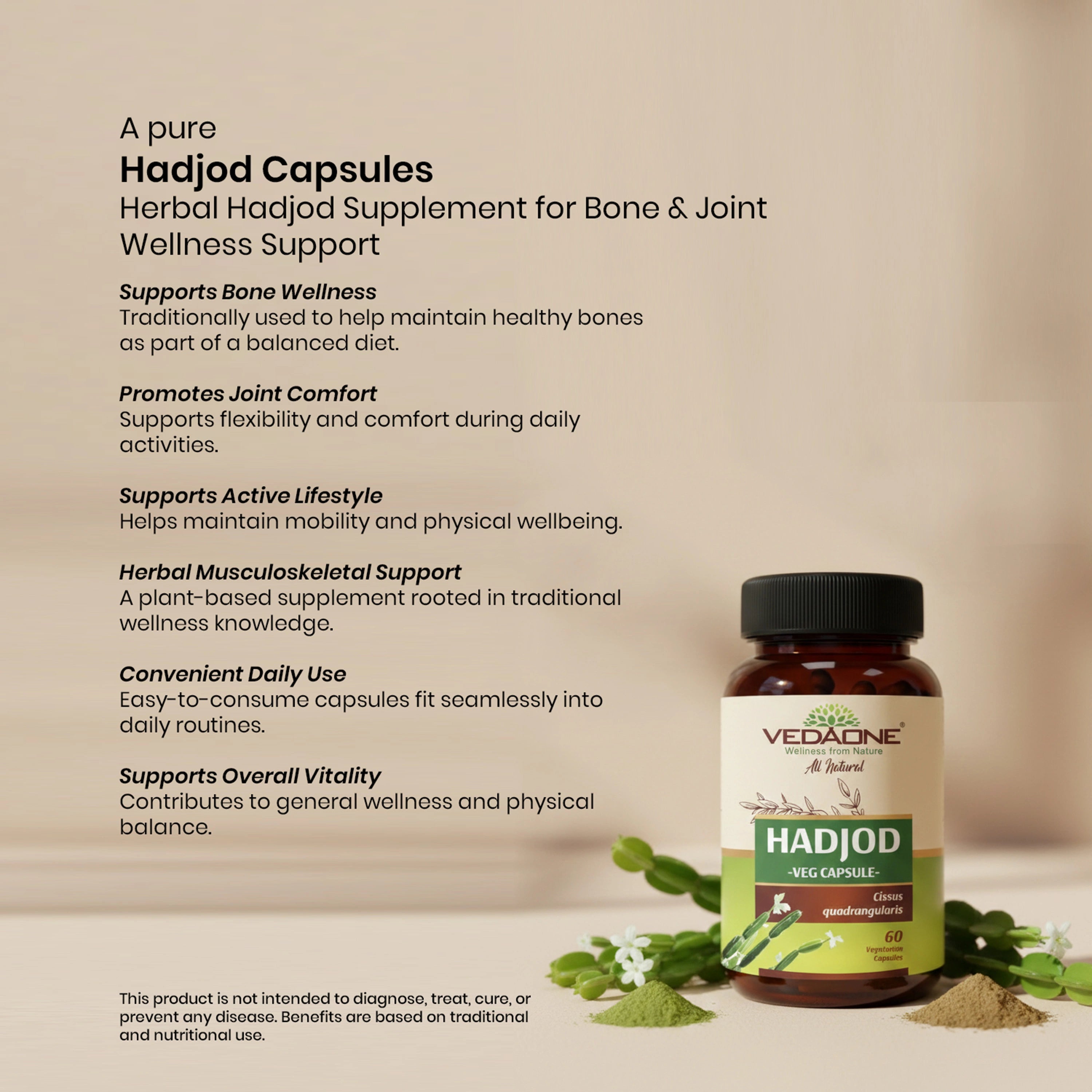 Vedaone Hadjod Capsules 60 Capsules – Herbal Hadjod Supplement for Bone & Joint Wellness Support