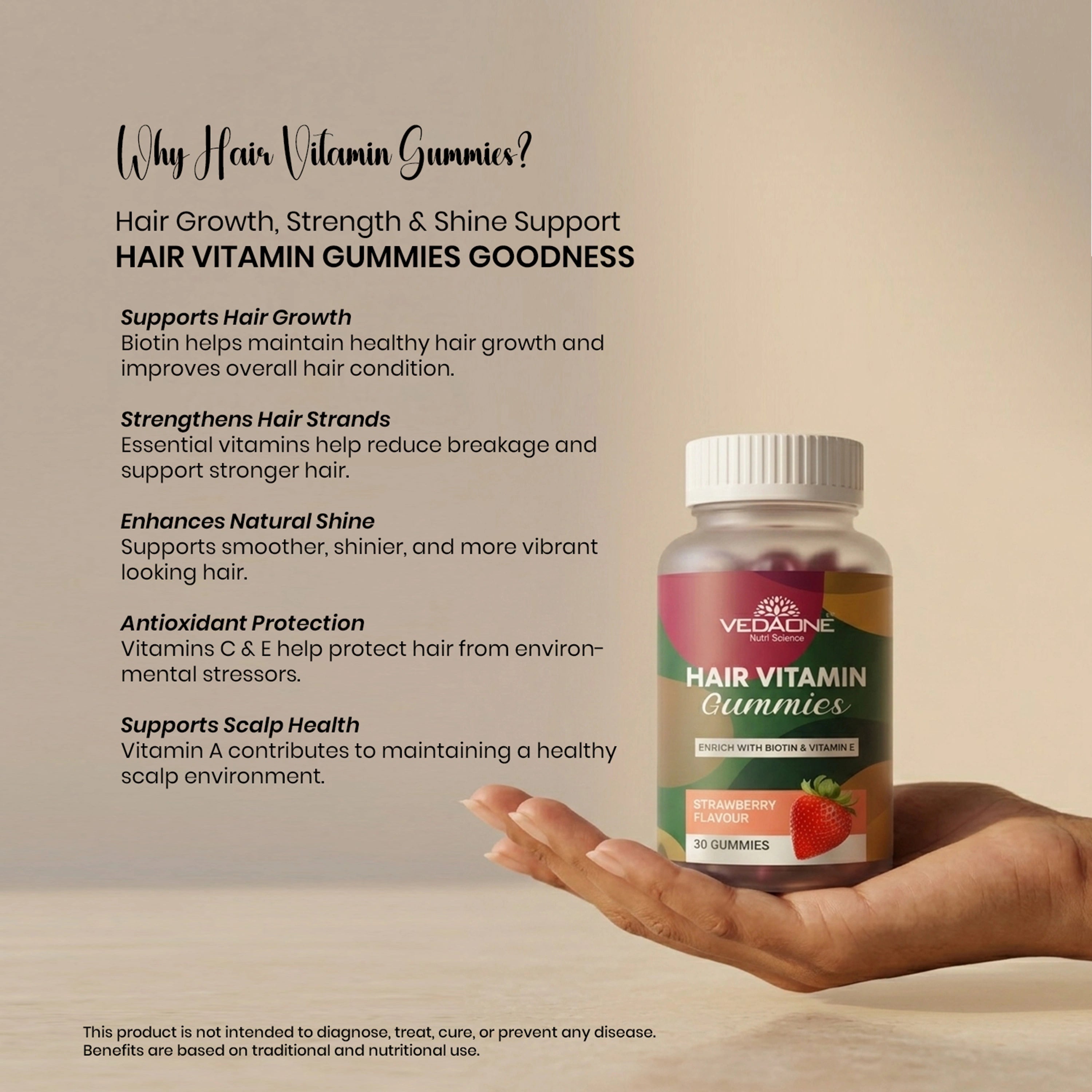 Vedaone Hair Vitamin Gummies – 30 Gummies | Hair Growth, Strength & Shine Support
