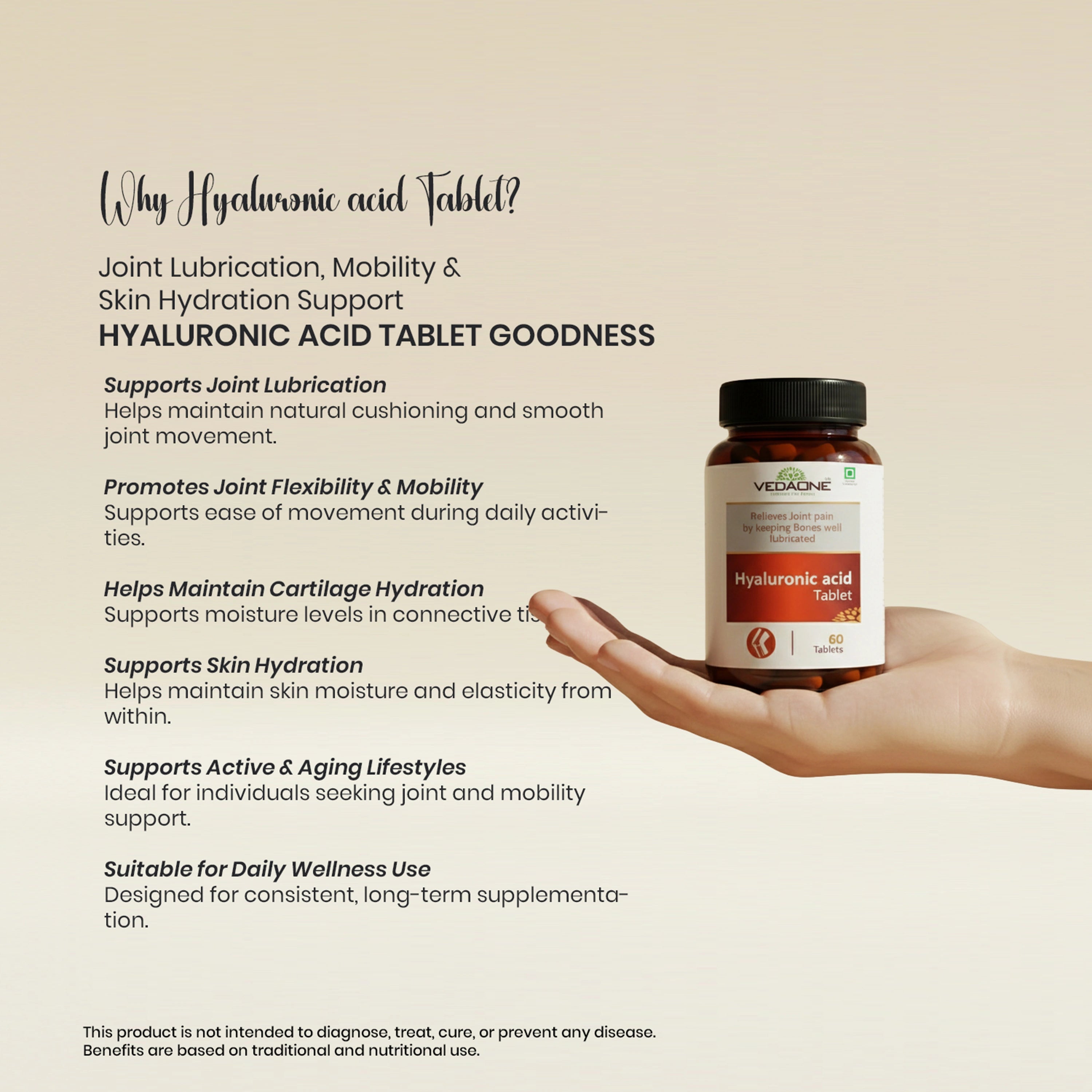 Vedaone Hyaluronic Acid Tablets 60 Tablets | Joint Lubrication, Mobility & Skin Hydration Support
