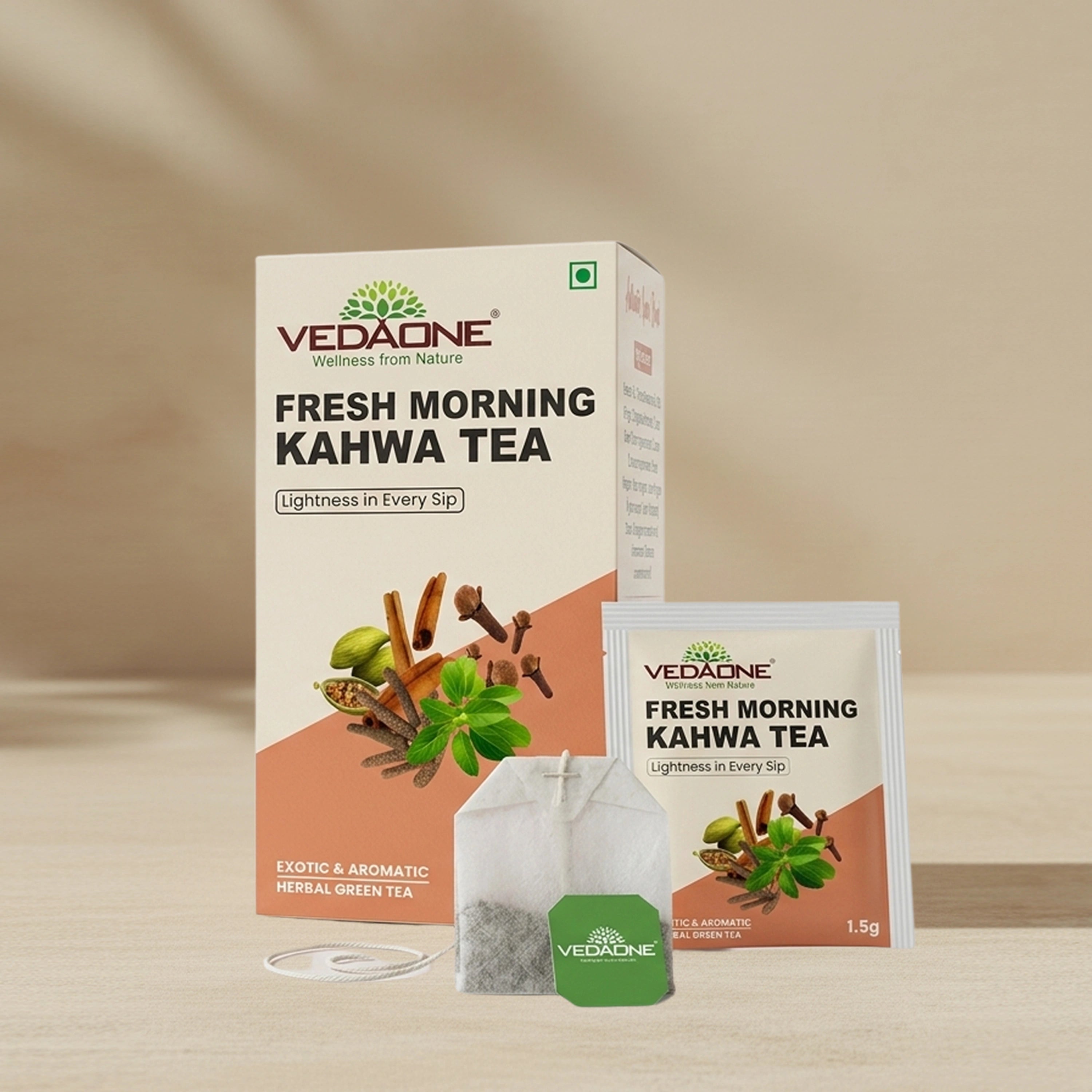 Vedaone Fresh Morning Kahwa Tea – 25 Dip Bags | Caffeine-Free Herbal Kahwa with Tulsi, Cinnamon & Spices for Daily Refreshment