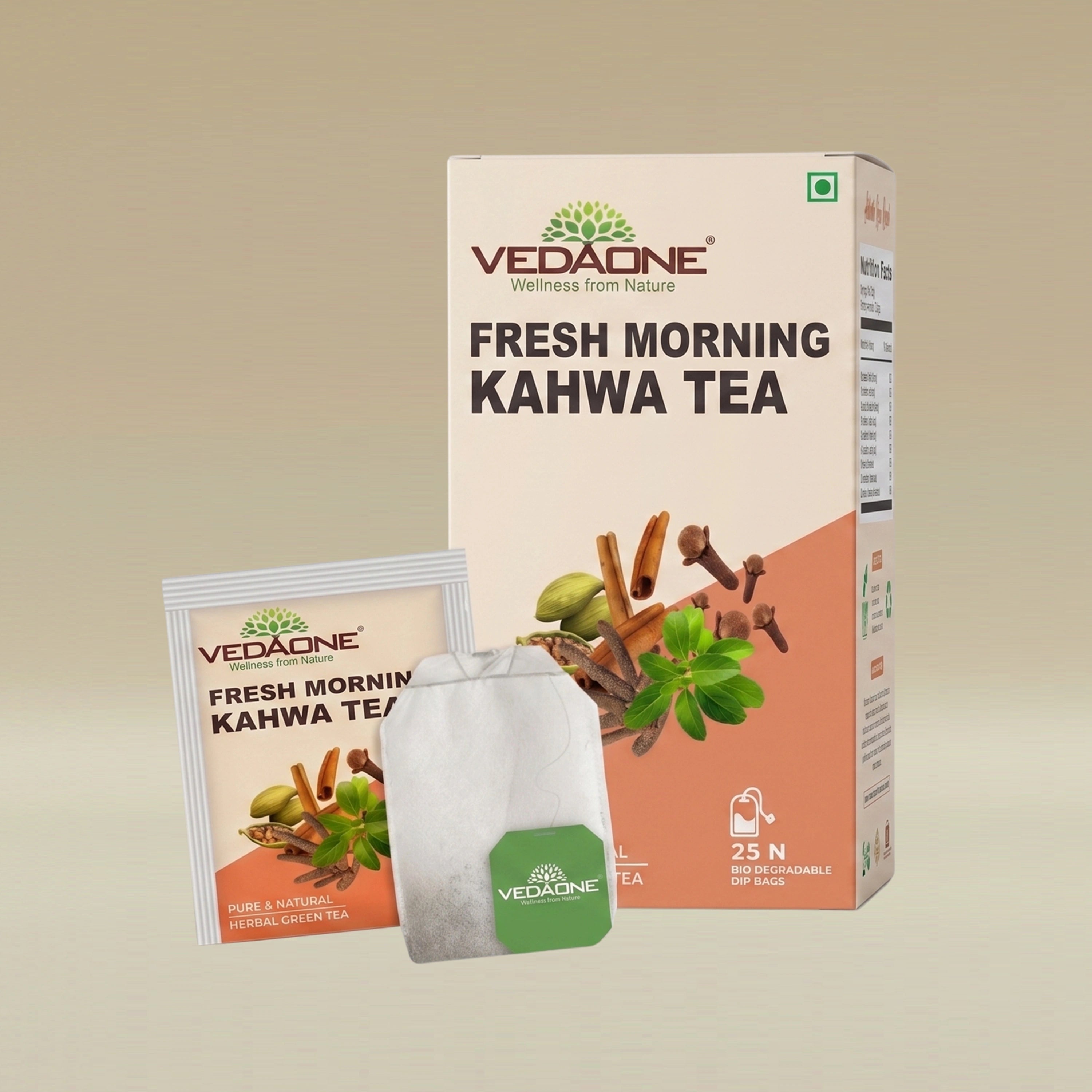 Vedaone Fresh Morning Kahwa Tea – 25 Dip Bags | Caffeine-Free Herbal Kahwa with Tulsi, Cinnamon & Spices for Daily Refreshment