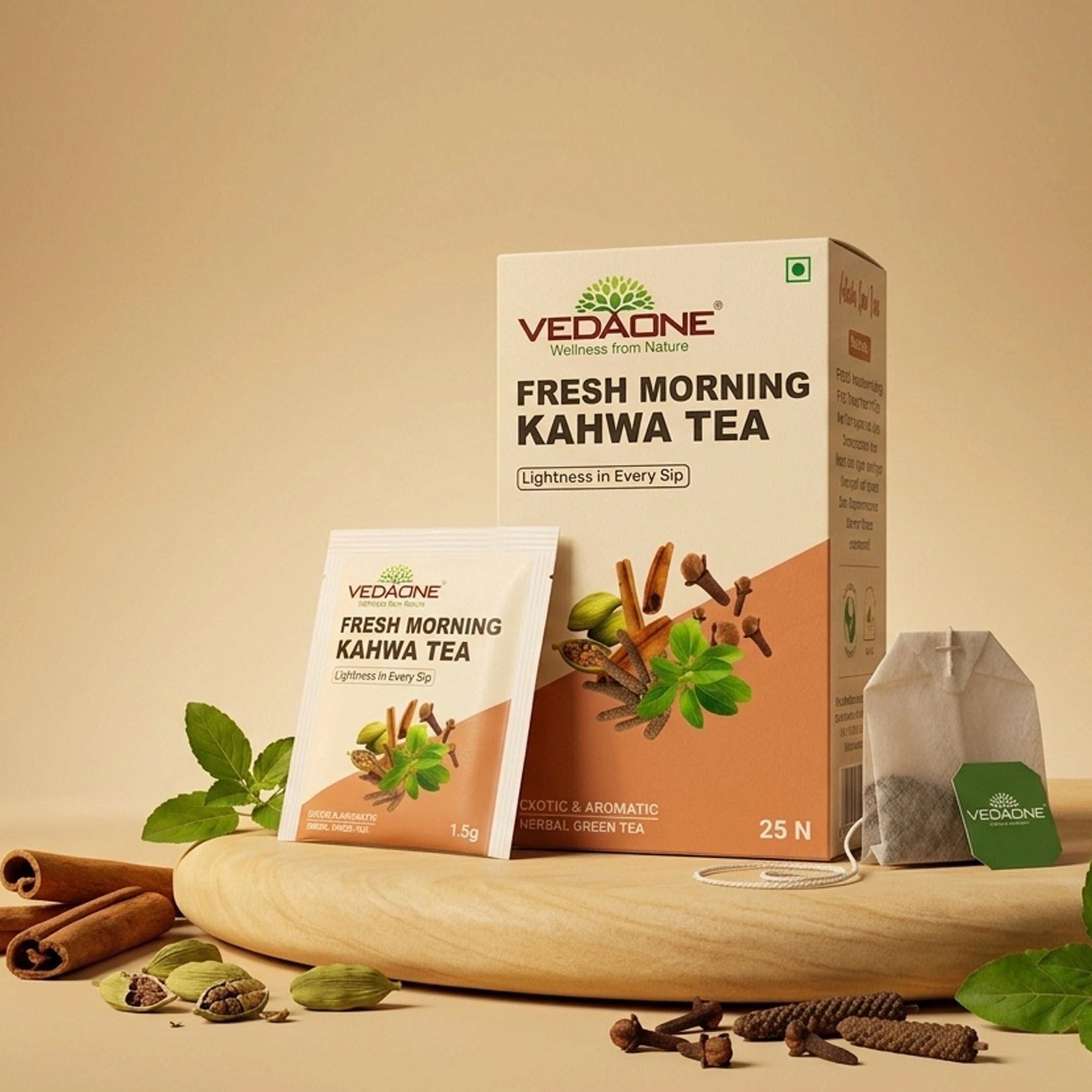 Vedaone Fresh Morning Kahwa Tea – 25 Dip Bags | Caffeine-Free Herbal Kahwa with Tulsi, Cinnamon & Spices for Daily Refreshment