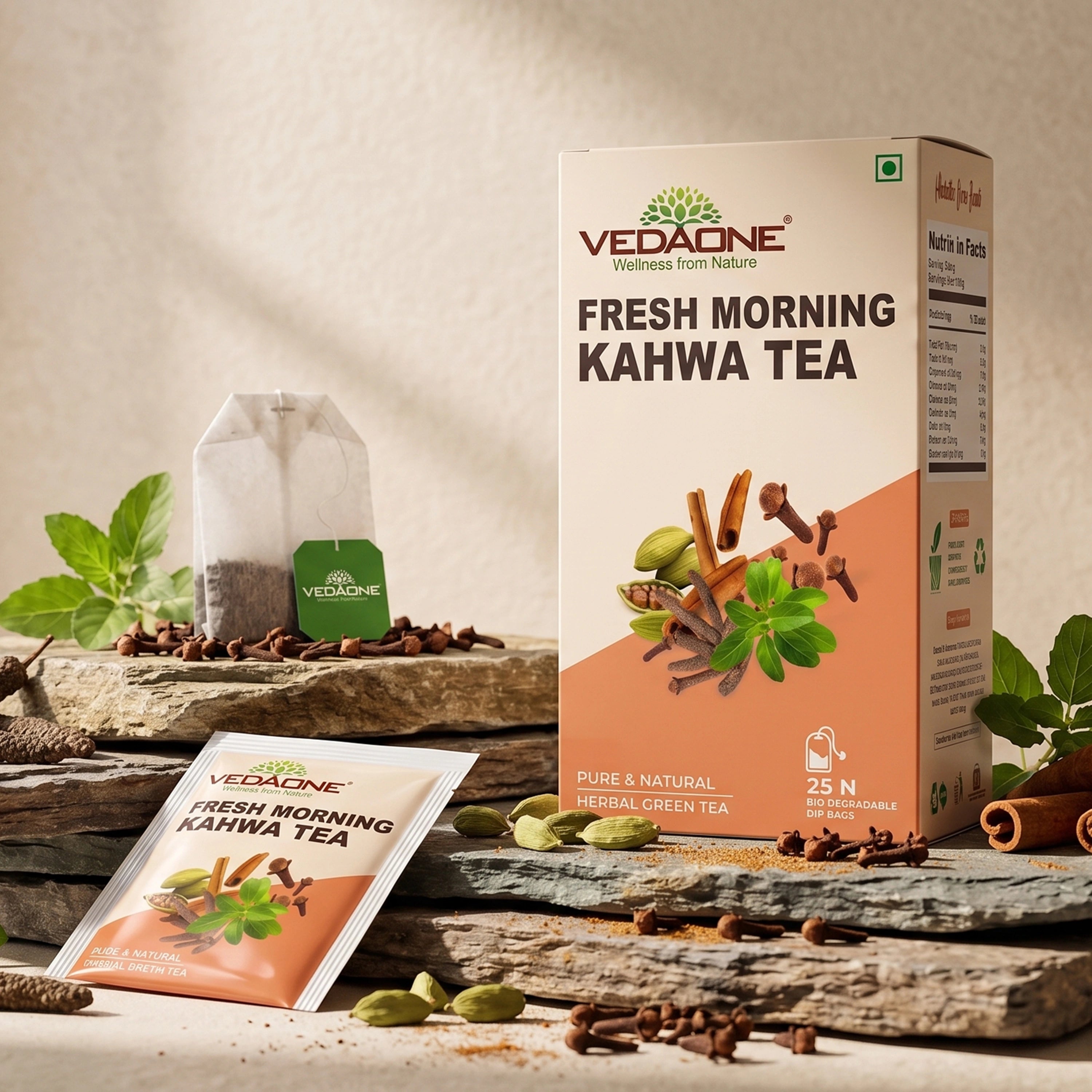 Vedaone Fresh Morning Kahwa Tea – 25 Dip Bags | Caffeine-Free Herbal Kahwa with Tulsi, Cinnamon & Spices for Daily Refreshment