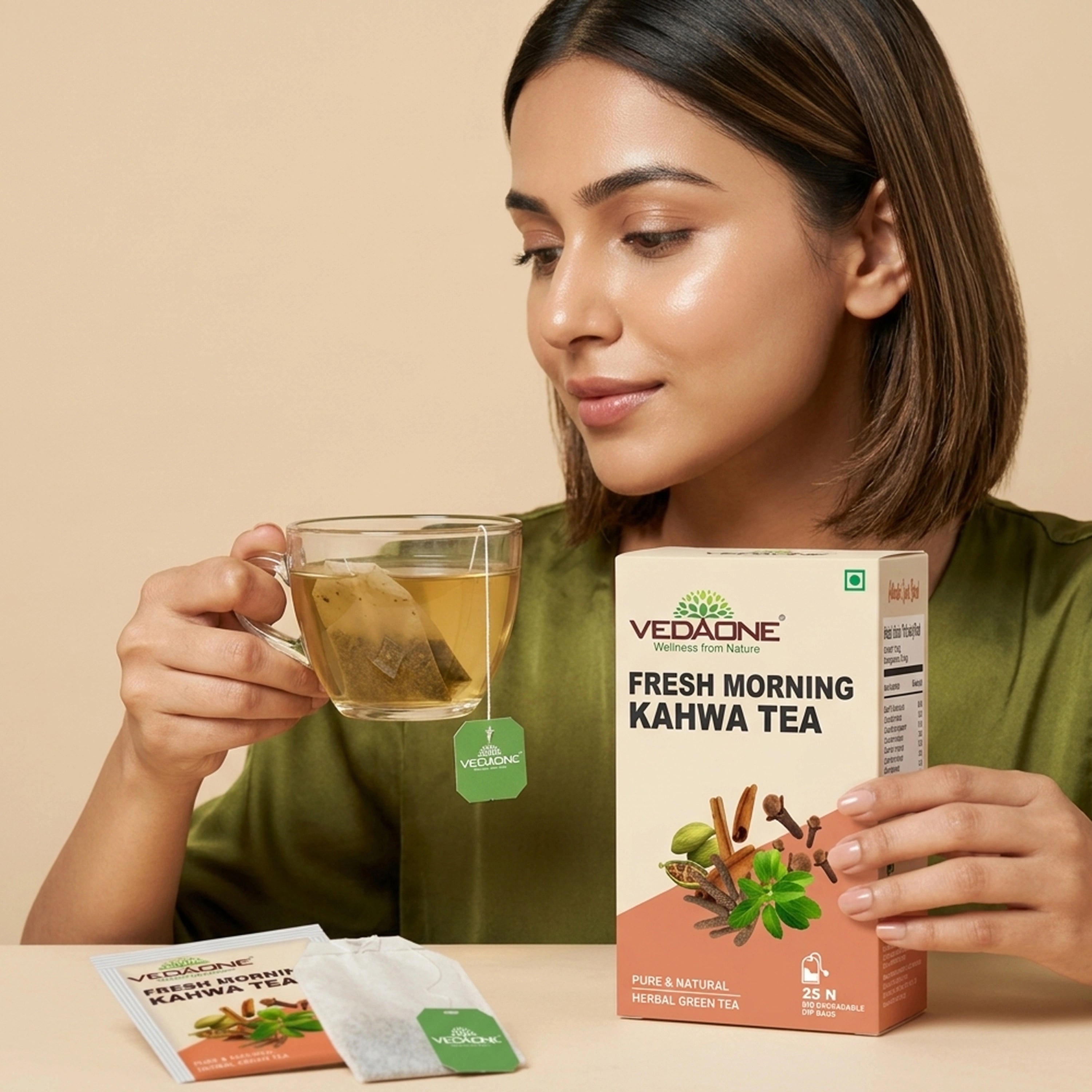 Vedaone Fresh Morning Kahwa Tea – 25 Dip Bags | Caffeine-Free Herbal Kahwa with Tulsi, Cinnamon & Spices for Daily Refreshment